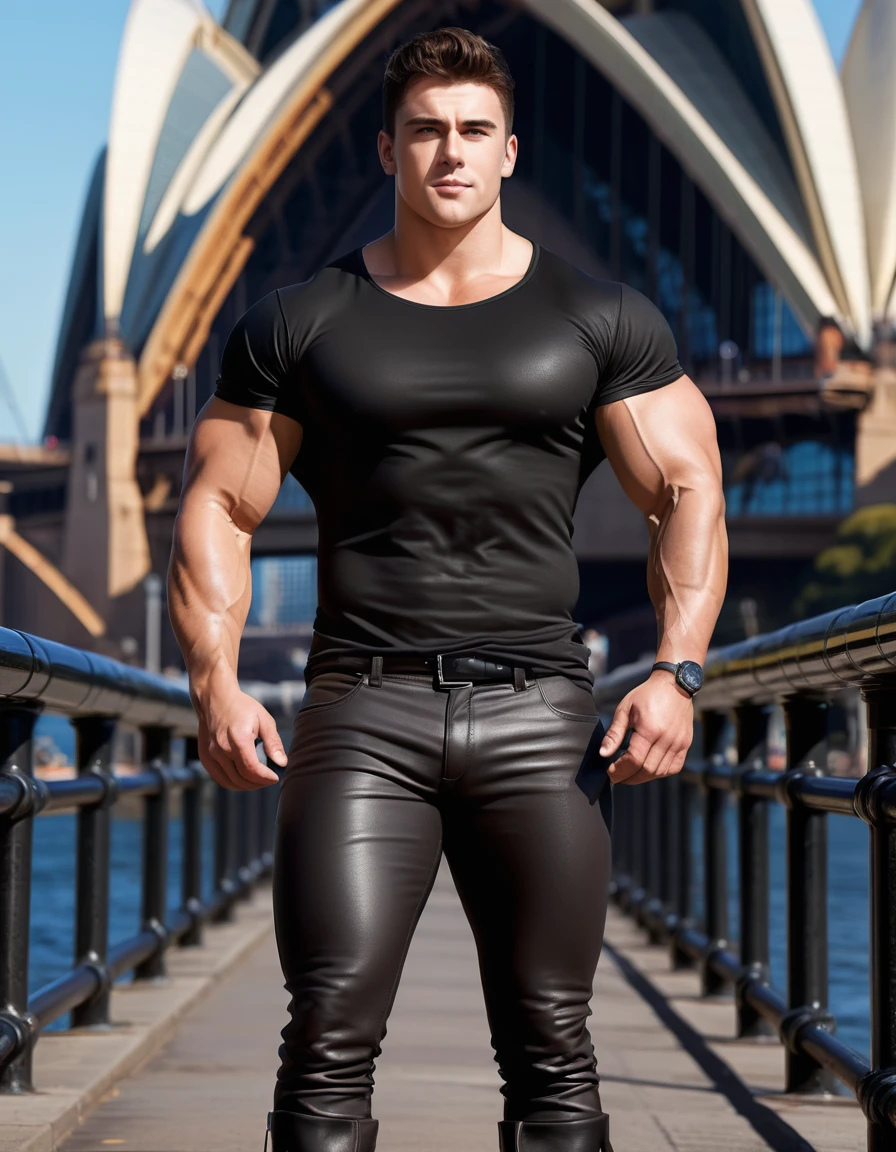 (high quality), (digital art), (realistic style), (sydney australia background), (full body shot), white male, age 20s, 2 meters tall, perfect muscular god body, thick medium dark brown hair, brown eyes, and biggest muscles, biggest chest, biggest biceps, biggest thighs, biggest ass, and big bulge. wearing an black t-shirt with grey wolf face design, black leather pants, and black boots.
