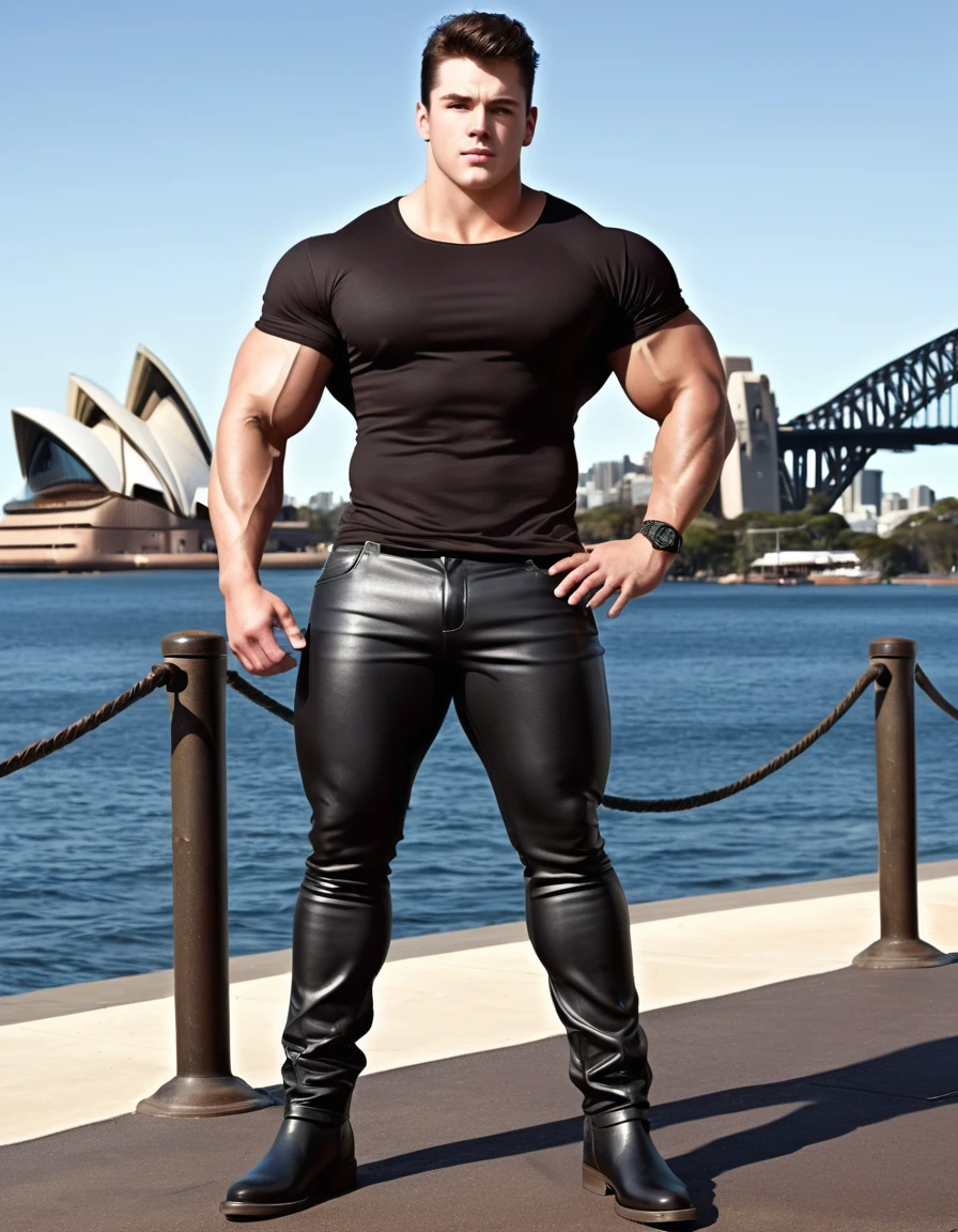 (high quality), (digital art), (realistic style), (sydney australia background), (full body shot), white male, age 20s, 2 meters tall, perfect muscular god body, thick medium dark brown hair, brown eyes, and biggest muscles, biggest chest, biggest biceps, biggest thighs, biggest ass, and big bulge. wearing an black t-shirt with grey wolf face design, black leather pants, and black boots.