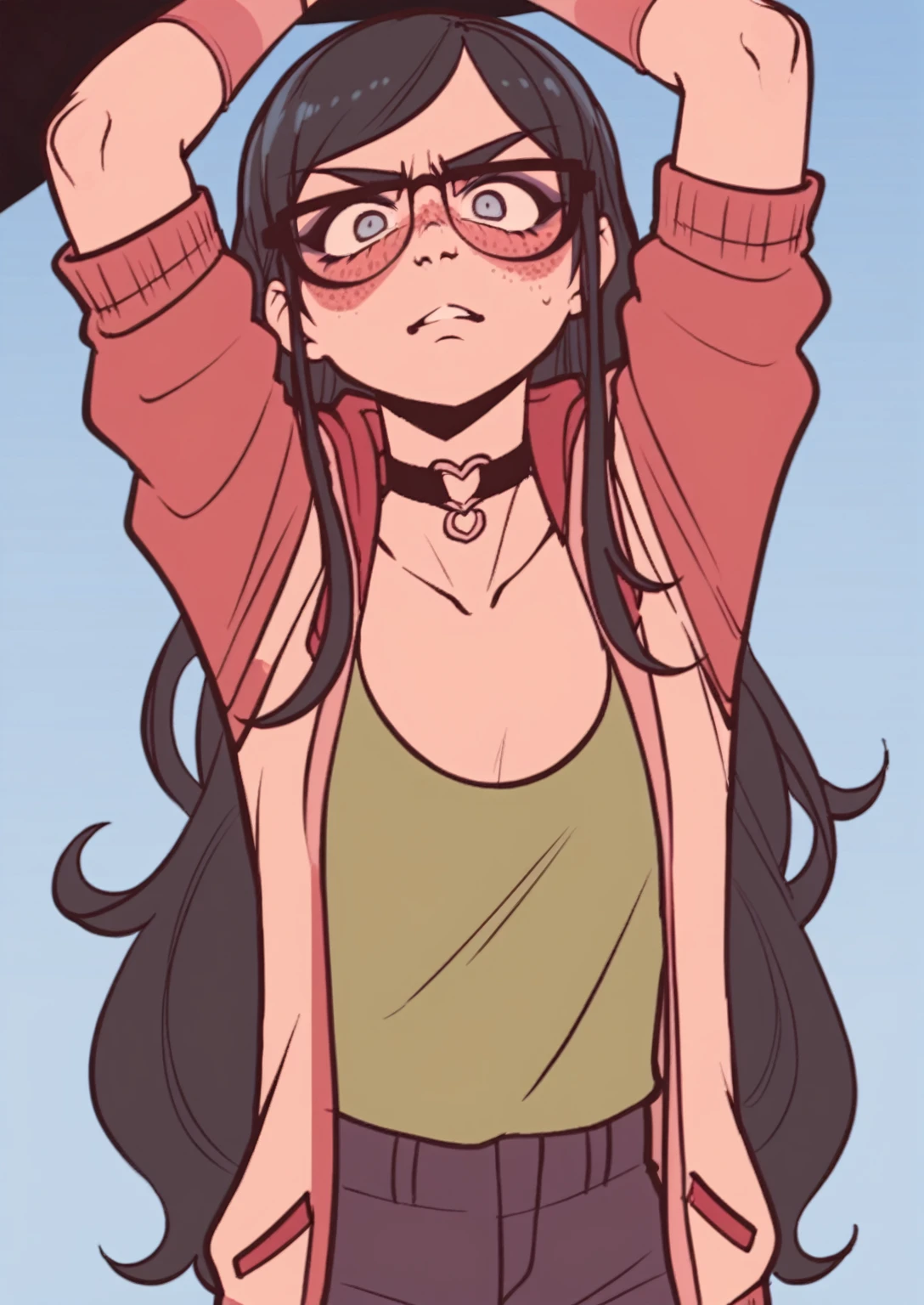 score_8_up, score_7_up, score_6_up, score_5_up, score_4_up, anime screenshot 1girl, solo, long hair, black hair, cat years, no freckles, thin glasses, standing, upper body, looking at viewer, jacket, shirt, choker , looking up, >:3, downturned eyes. angry expression, hands up in the air explaining