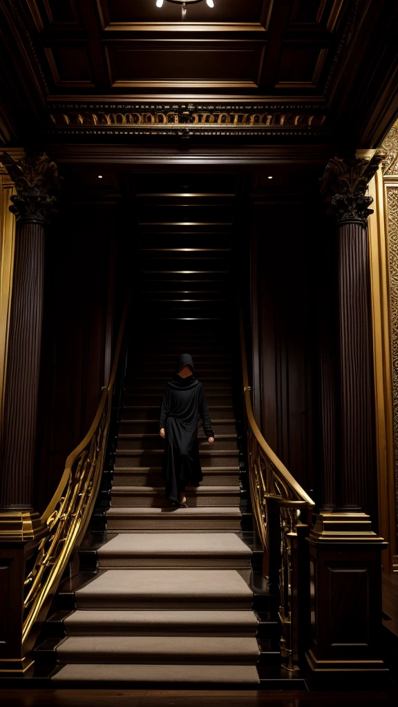 solitary figure in flowing lightweight black garments and a prominently visible balaclava, descending the grand staircase of a high-end mansion, with golden railings, black ceiling, new wooden floor, blood-red walls, and white marble steps, foggy ambiance, aura of mystery and loneliness, suspenseful and haunting, seen from above, normal lens, ambient diffused light
