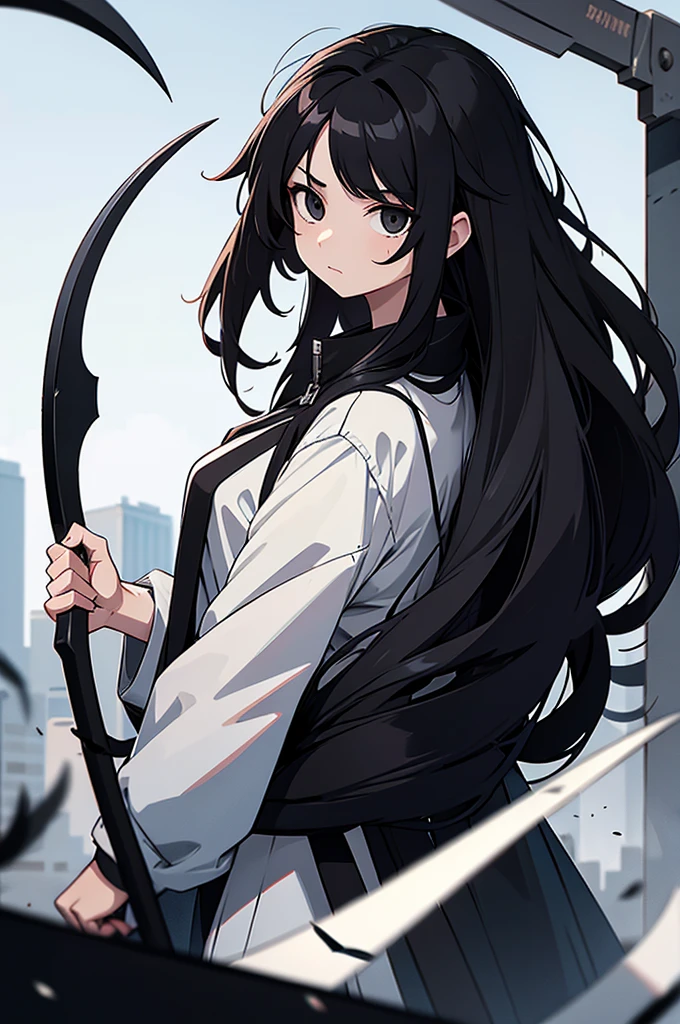 Girl, white skin, black hair, long hair, messy hair, black eyes, dark clotches, holding a scythe above and below