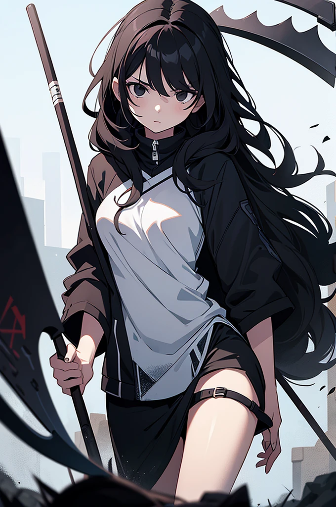 Girl, white skin, black hair, long hair, messy hair, black eyes, dark clotches, holding a scythe above and below