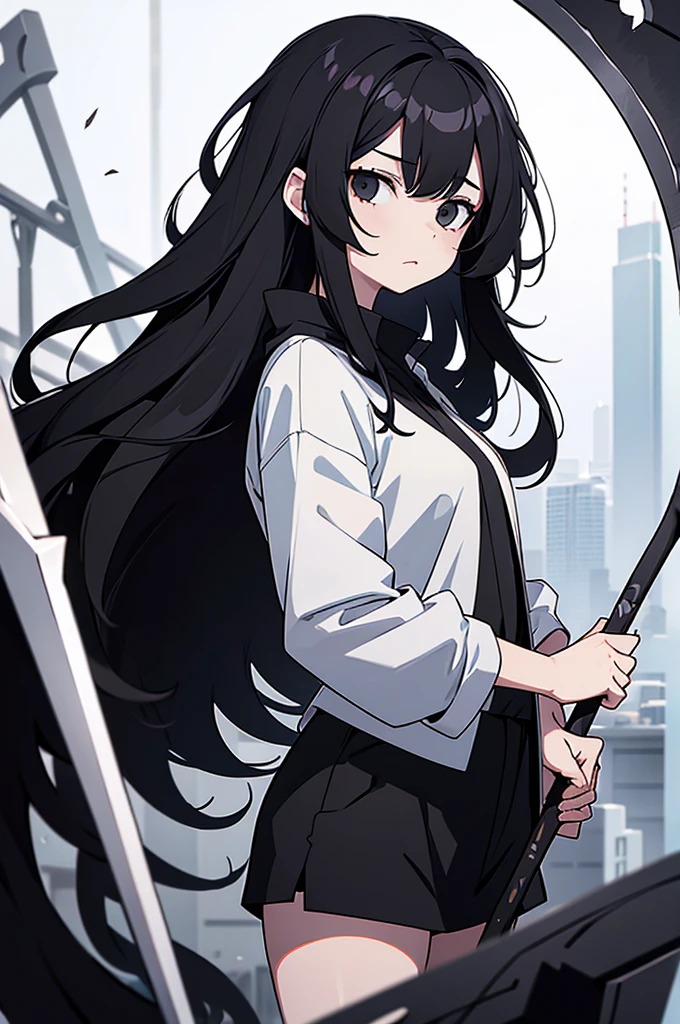 Girl, white skin, black hair, long hair, messy hair, black eyes, dark clotches, holding a scythe above and below