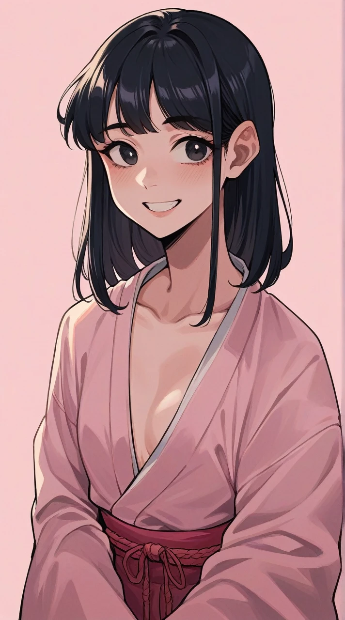 Hypeirealistic 3D Cartoon style character with big head. 24 year old Indonesian woman, slim body, slightily blonde black hair and wearing a pink kimono. smiling at the camera with hands in ready position, pink background. Use soft photography lighting. Hair lighting, top lighting, side lighting, high quality photos, UHD, 16K.