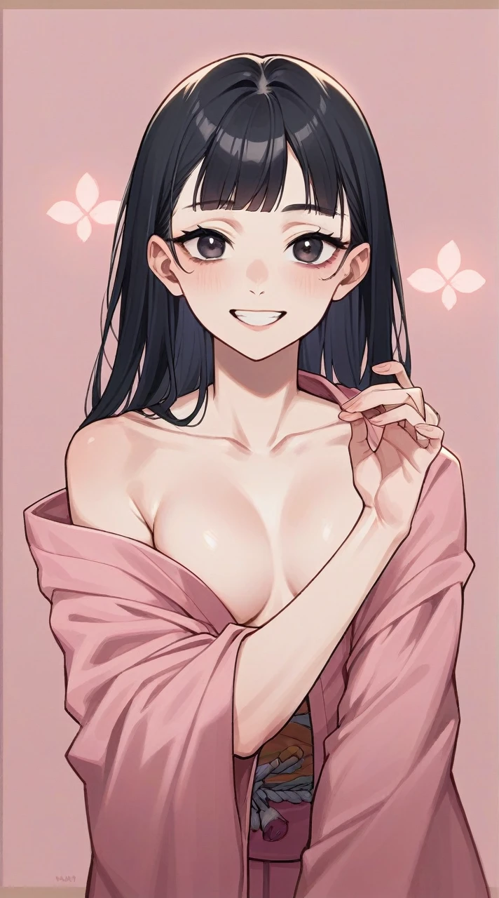 Hypeirealistic 3D Cartoon style character with big head. 24 year old Indonesian woman, slim body, slightily blonde black hair and wearing a pink kimono. smiling at the camera with hands in ready position, pink background. Use soft photography lighting. Hair lighting, top lighting, side lighting, high quality photos, UHD, 16K.