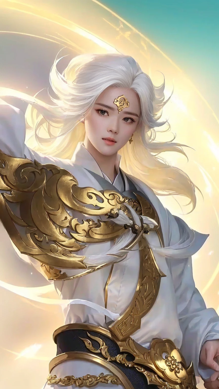 a woman with white hair and a gold belt holding a sword, by Yang J, heise jinyao, white haired deity, inspired by Yang Jin, inspired by Huang Shen, loong, extremely detailed artgerm, keqing from genshin impact, zhongli from genshin impact, ig model | artgerm, ruan jia and artgerm