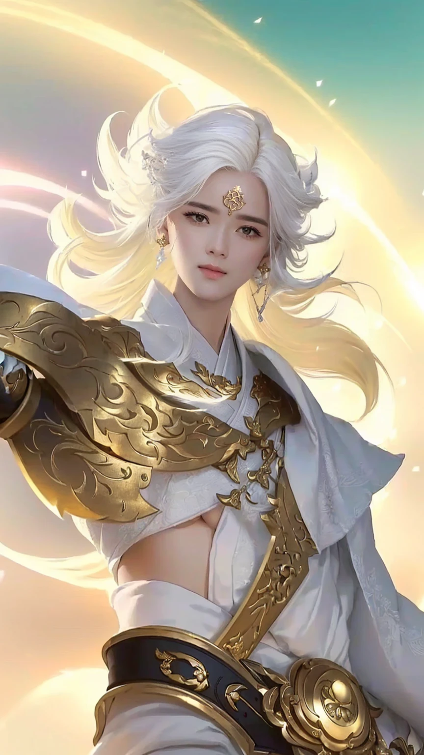 a woman with white hair and a gold belt holding a sword, by Yang J, heise jinyao, white haired deity, inspired by Yang Jin, inspired by Huang Shen, loong, extremely detailed artgerm, keqing from genshin impact, zhongli from genshin impact, ig model | artgerm, ruan jia and artgerm