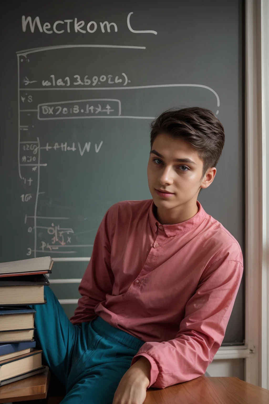 A young, cute, beautiful male twink with a face with makeup and black hair. He is wearing a long-sleeved, pink shirt and aqua blue pants. He is in his scientific office, sitting and writing in a scientific book. Behind him is a blackboard with calculus written on it. Neon waves emerge from the blackboard and on the desk.  The scientist is a medical model and he looks on proudly