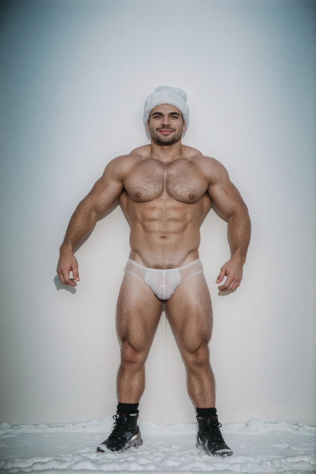 1 stocky shirtless Russian gay is standing with his legs and thighs opened and spread in the snow with wide landscape of snowfield , 1 man only, no other people, iceblocks and icelake and snow scene, he is wearing white fur gloves, fur woolen hat to cover snow , moustache, facial hair, white transparent thong bikini highlighting big bulge and big butts, Wear knee-length fur shoes.,masculine and stocky, shirtless, handsome face with detailed facial features, shirtless and wearing nothing, correct accurate male anatomy,skinny boy body, muscle body,sport body, big muscle, Handsome face, wet oiled waxy shiny greasy muscles and skin, flawless white skin, masterpiece, professional DSLR shoot and retouching, illustration art, shadow, highlight, sharpness, depth of field, dessert and Russian snow field environment, sexy, hot gay erotic illustration art, sexy and hot,Close-up photo,(Best quality, 8k, Masterpiece).,Smiling face, good mood.highest detail, superior quality, natural lighting, beautiful, sexy, correct anatomy, good composition,realistic shapes, realistic skin tones,Natural eyes,realistic eyes,looking up at viewer,vpl,realistic muscles,Realistic wrinkles on the skin,Realistic arms and legs,Realistic face,realistic hair,Make a sexy and seductive face, man focus,amazing composition, front view, HDR, volumetric lighting, ultra quality, elegant,Post a erotic photoshoot,Realistic pose,detailed hair,full body,Fujifilm XT3 photorealistic art by midjourney