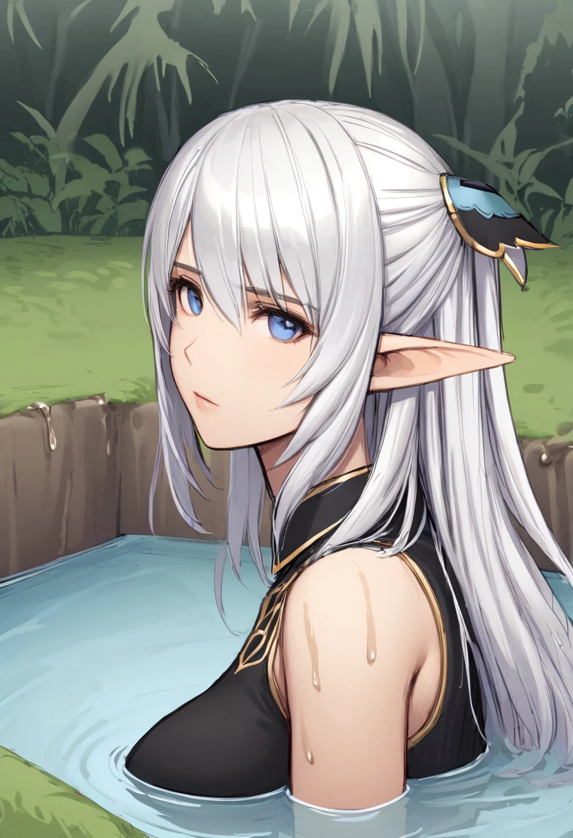 semi-realistic, 1girl, portrait Altina, elf, elven ears, silver hair, blue eyes, hair clips, bare shoulders, black collared capelet, sinking, quicksand, pool of mud, forest with marsh covered by think fog background