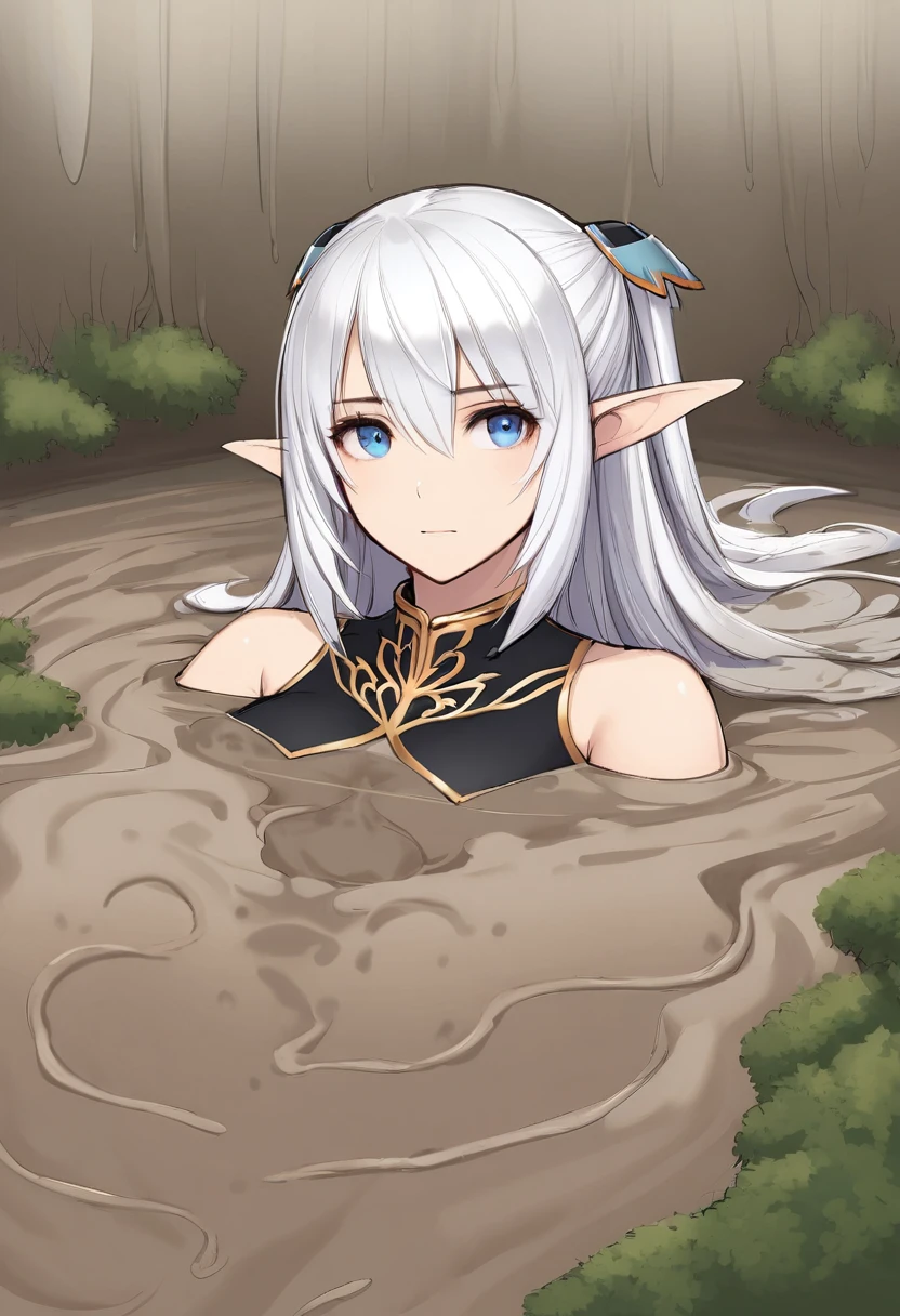 semi-realistic, 1girl, portrait Altina, elf, elven ears, silver hair, blue eyes, hair clips, bare shoulders, black collared capelet, sinking, quicksand, pool of mud, forest with marsh covered by think fog background