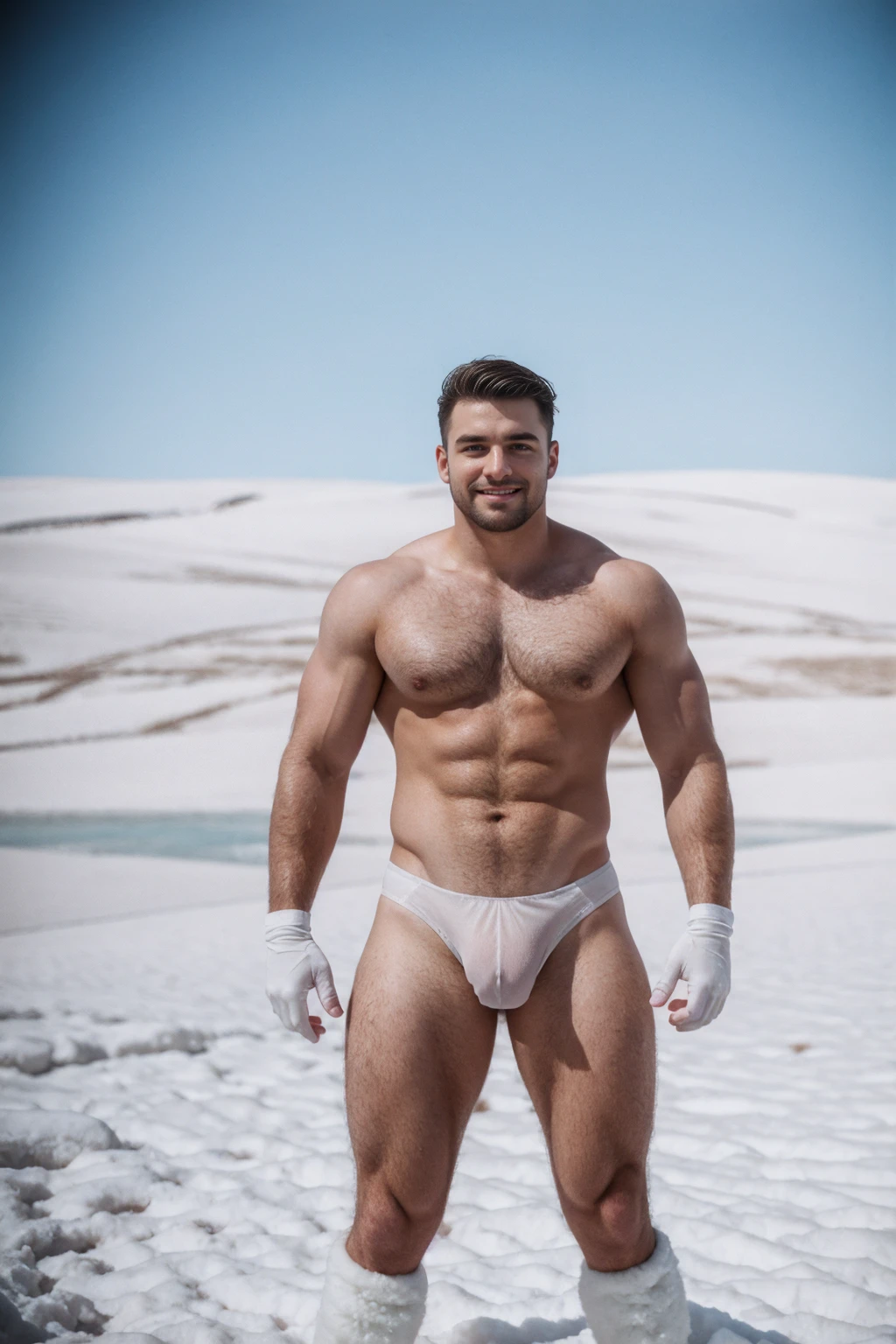1 stocky shirtless Russian gay is standing with his legs and thighs opened and spread in the snow with wide landscape of snowfield , 1 man only, no other people, iceblocks and icelake and snow scene, he is wearing white fur gloves, fur woolen hat to cover snow , moustache, facial hair, white transparent thong bikini highlighting big bulge and big butts, Wear knee-length fur shoes.,masculine and stocky, shirtless, handsome face with detailed facial features, shirtless and wearing nothing, correct accurate male anatomy,skinny boy body, muscle body,sport body, big muscle, Handsome face, wet oiled waxy shiny greasy muscles and skin, flawless white skin, masterpiece, professional DSLR shoot and retouching, illustration art, shadow, highlight, sharpness, depth of field, dessert and Russian snow field environment, sexy, hot gay erotic illustration art, sexy and hot,Close-up photo,(Best quality, 8k, Masterpiece).,Smiling face, good mood.highest detail, superior quality, natural lighting, beautiful, sexy, correct anatomy, good composition,realistic shapes, realistic skin tones,Natural eyes,realistic eyes,looking up at viewer,vpl,realistic muscles,Realistic wrinkles on the skin,Realistic arms and legs,Realistic face,realistic hair,Make a sexy and seductive face, man focus,amazing composition, front view, HDR, volumetric lighting, ultra quality, elegant,Post a erotic photoshoot,Realistic pose,detailed hair,full body,Fujifilm XT3 photorealistic art by midjourney
