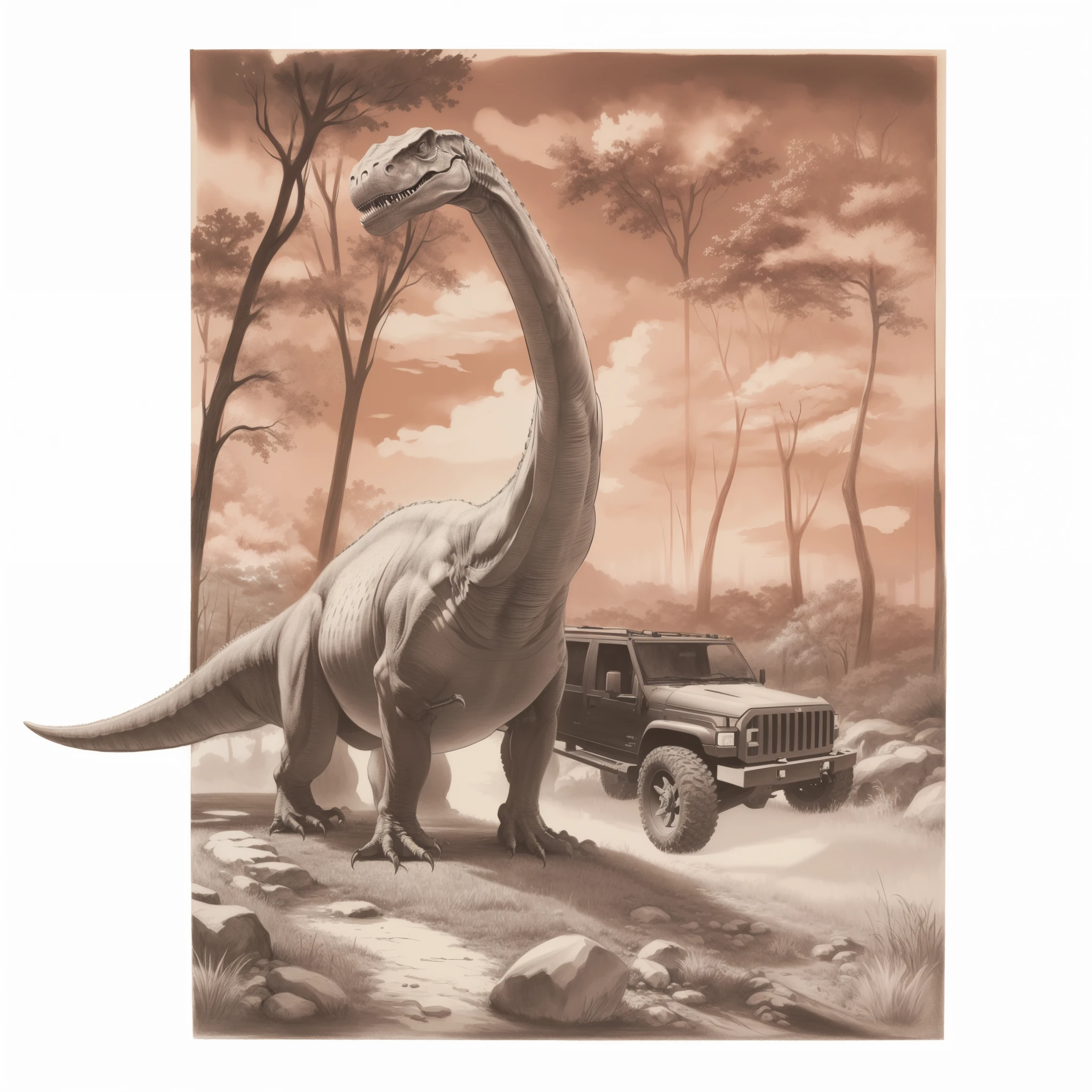 t-rex, ,forest Drawing of a landscape, sketch artstyle, grayscale, monochrome