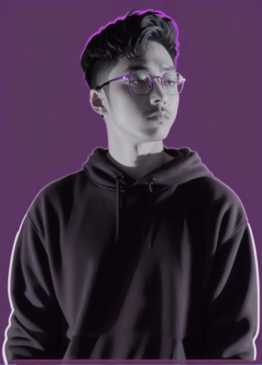 arafed image of a man in a black hoodie and glasses, young man in a purple hoodie, shigeto hirai yuya, still from a music video, music video, photo in style of tyler mitchell, smooth in _ the background, wearing a purple sweatsuit, hip hop vaporwave, inspired by Zhu Da, inspired by Ion Andreescu