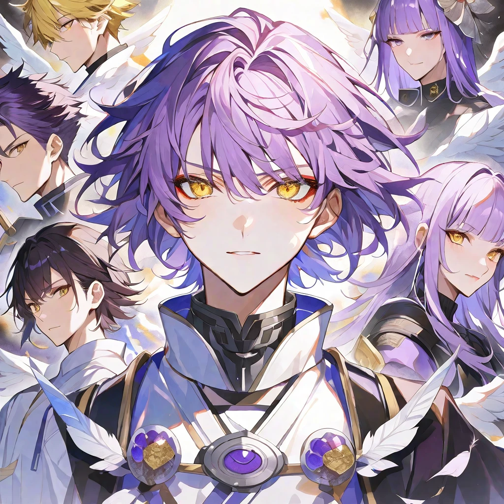独奏,handsome, Watercolor,
1. male,
hime cut,Straight Hair,Bob Hair, 
purple hair, Gojo Satoru,
yellow Eyes, Angel ,Angel feather,
sexly,purple,
Moe sleeves,
skin,Silver Accessories,Face up,İcon,
black background,