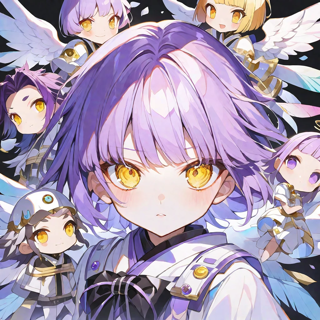 独奏,handsome, Watercolor,
1. male,
hime cut,Straight Hair,Bob Hair,
purple hair, Gojo Satoru,
yellow Eyes, Angel ,Angel feather,
ly,purple,
Moe sleeves,
skin,Silver Accessories,Face up,İcon,
black background,