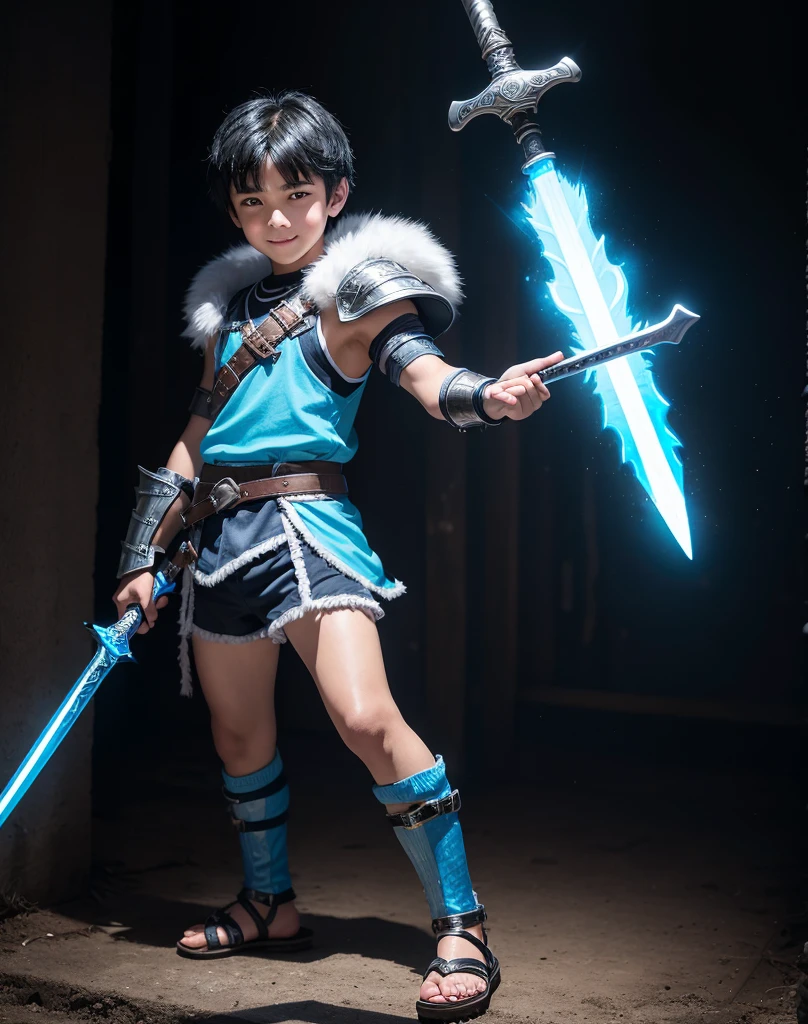 Young 13-year-old boy with black hair and brown eyes, innocent and happy, dressed in short neon-blue medieval barbarian clothes, fur shorts, light-blue battle armor, weilding silver sword and shield, sandals; fullbody; short hair, boyish athletic, sexy,