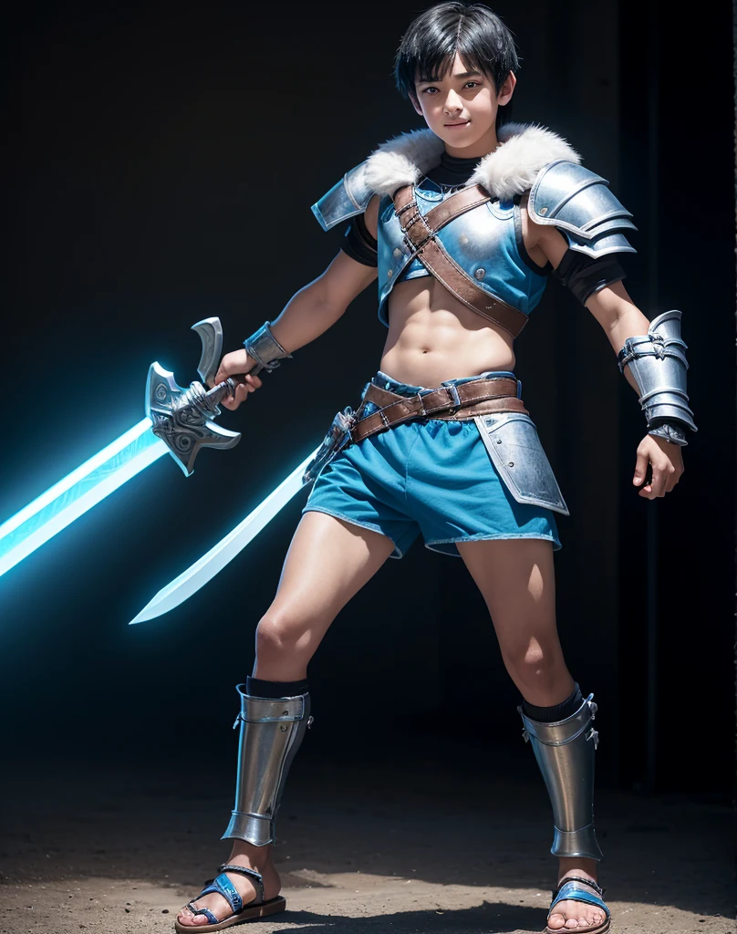 Young 13-year-old boy with black hair and brown eyes, innocent and happy, dressed in short neon-blue medieval barbarian clothes, fur shorts, light-blue battle armor, weilding silver sword and shield, sandals; fullbody; short hair, boyish athletic, sexy,