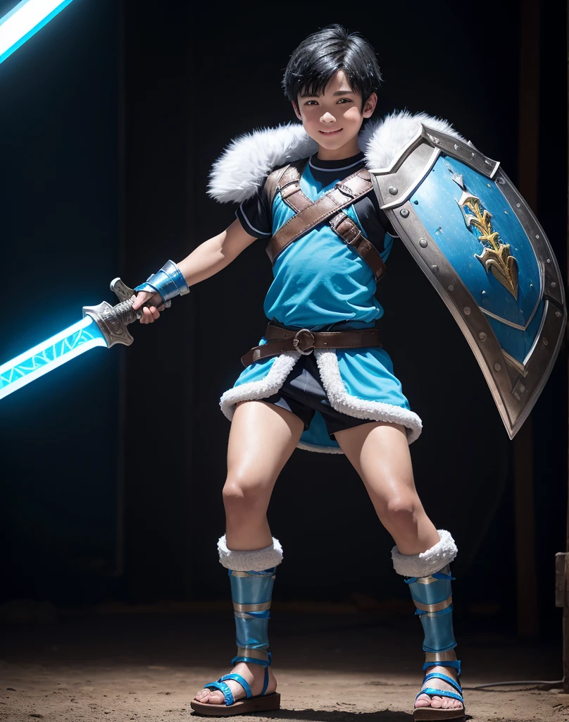 Young 13-year-old boy with black hair and brown eyes, innocent and happy, dressed in short neon-blue medieval barbarian clothes, fur shorts, light-blue battle armor, weilding silver sword and shield, sandals; fullbody; short hair, boyish athletic, sexy,