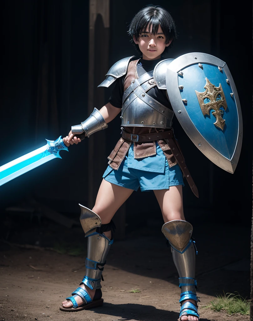 Young 13-year-old boy with black hair and brown eyes, innocent and happy, dressed in short neon-blue medieval barbarian clothes, fur shorts, light-blue battle armor, weilding silver sword and shield, sandals; fullbody; short hair, boyish athletic, sexy,