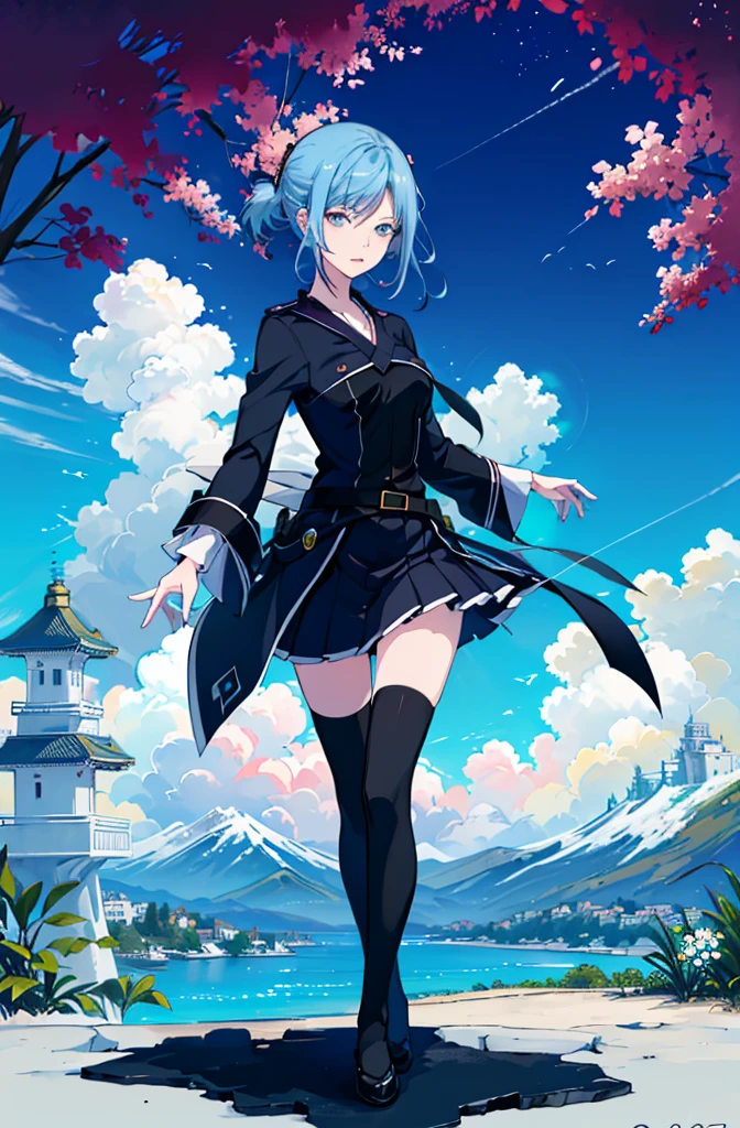 1girl, solo, outdoors, short hair, holy place, Original,(Illustration:1.1),(Best Quality),(masutepiece:1.1),(the Extremely Detailed CG Unity 8K Wallpapers:1.1), (Colorful:0.9),(mid-shot:0.95),(extremely detailed beautiful face),(Solo:1.2), (girl),(((Lori))), (Detailed beautiful eyes:1.15), (Beautiful face:1.15), (Glowing blue eyes:1.25////),(((sky blue Hair))),(two side up),(+perfect hand+:1.21),(Draw illustration of Japan priestess costume),(slender),(White pleated skirt),(Gothic),((black thighhighs)),(frilld),(Beautiful Slender Lolita Girl),standing, girl,10 years old, girl,foggy place,vampire,sky blue hair,full body,whole body,white clothes,
