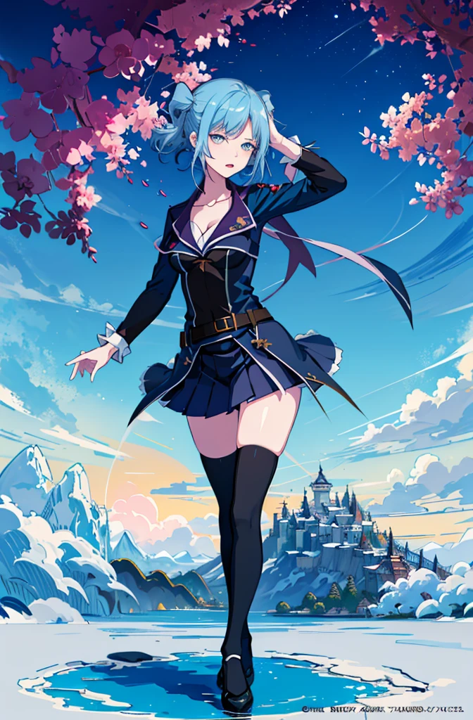1girl, solo, outdoors, short hair, holy place, Original,(Illustration:1.1),(Best Quality),(masutepiece:1.1),(the Extremely Detailed CG Unity 8K Wallpapers:1.1), (Colorful:0.9),(mid-shot:0.95),(extremely detailed beautiful face),(Solo:1.2), (girl),(((Lori))), (Detailed beautiful eyes:1.15), (Beautiful face:1.15), (Glowing blue eyes:1.25////),(((sky blue Hair))),(two side up),(+perfect hand+:1.21),(Draw illustration of Japan priestess costume),(slender),(White pleated skirt),(Gothic),((black thighhighs)),(frilld),(Beautiful Slender Lolita Girl),standing, girl,10 years old, girl,foggy place,vampire,sky blue hair,full body,whole body,white clothes,