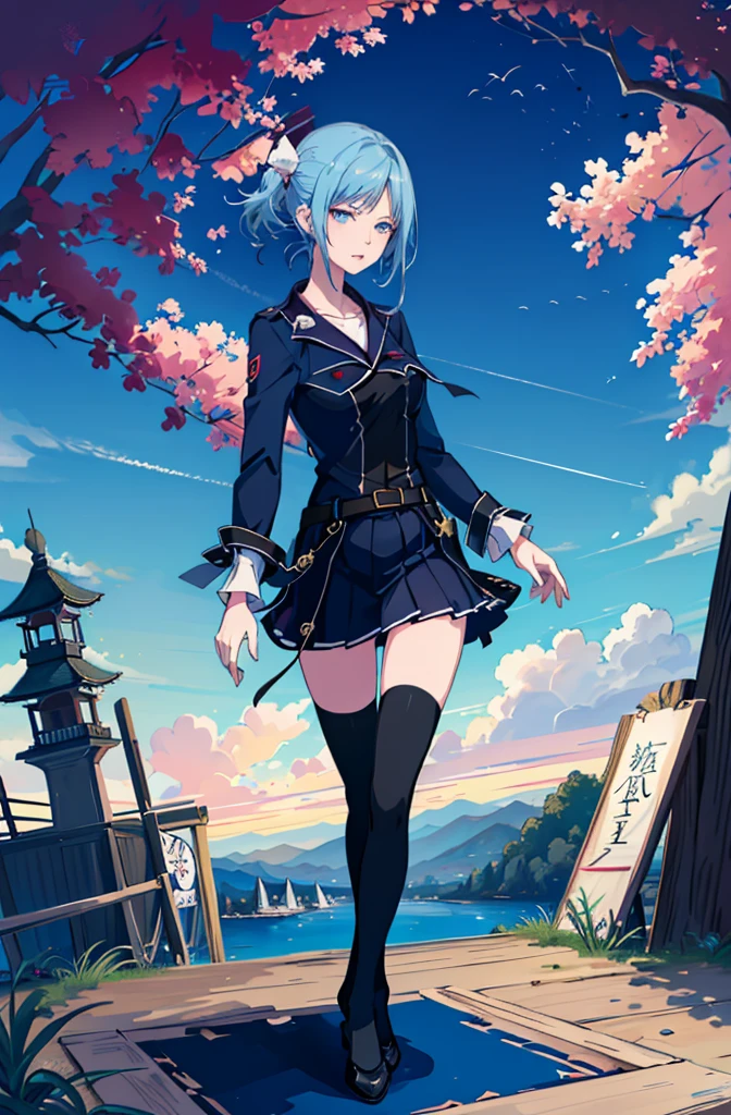 1girl,  solo, outdoors, short hair, holy place, Original,(Illustration:1.1),(Best Quality),(masutepiece:1.1),(the Extremely Detailed CG Unity 8K Wallpapers:1.1), (Colorful:0.9),(mid-shot:0.95),(extremely detailed beautiful face),(Solo:1.2), (girl),(((Lori))), (Detailed beautiful eyes:1.15), (Beautiful face:1.15), (Glowing blue eyes:1.25////),(((sky blue Hair))),(two side up),(+perfect hand+:1.21),(Draw illustration of Japan priestess costume),(slender),(White pleated skirt),(Gothic),((black thighhighs)),(frilld),(Beautiful Slender Lolita Girl),standing, girl,10 years old,  girl,foggy place,vampire,sky blue hair,full body,whole body,white clothes,