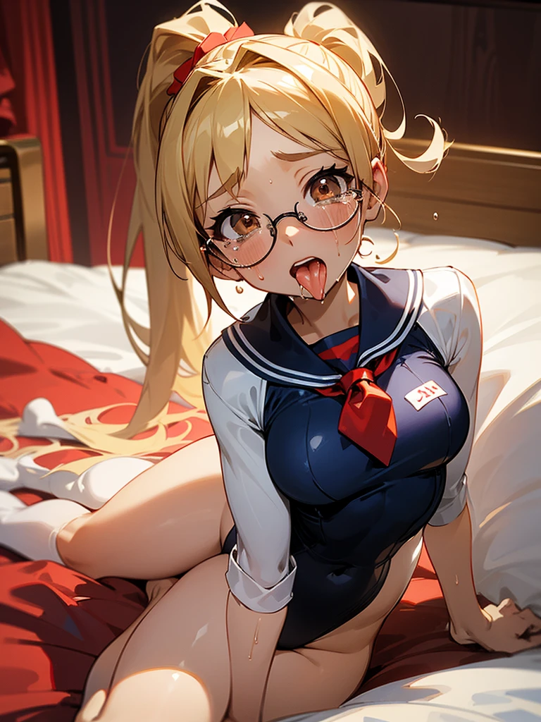 high resolution,High resolution,1Beautiful girl of the person,whole body,look up,looking at the camera,Big eyes,Glasses,Crying face,Tears,Stringy saliva,Open your mouth wide,Sticking out tongue,Flush saliva,Overflowing with saliva,ponytail,Golden Hair,Brown eyes,Navy blue sailor leotard,High Leg,Red tie,Tears overflow,Dripping a lot of saliva,Drooling,On the bed,sexy,Finger licking,Western-style room,Alluring,Leg spread,Legs spread,Legs spread,