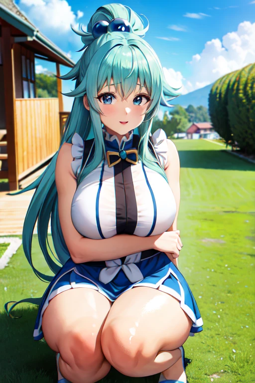 the anime character konosuba, called goddess Aqua, crouched in the middle of the village