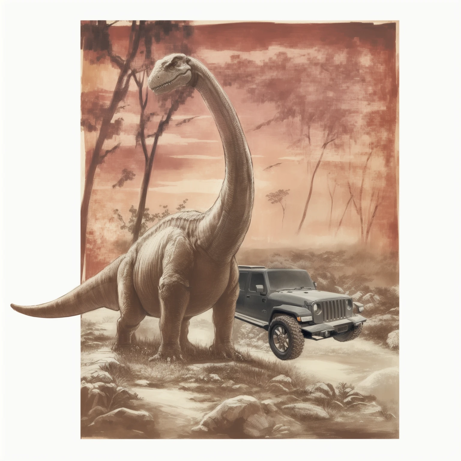 t-rex, ,forest Drawing of a landscape, sketch artstyle, grayscale, monochrome