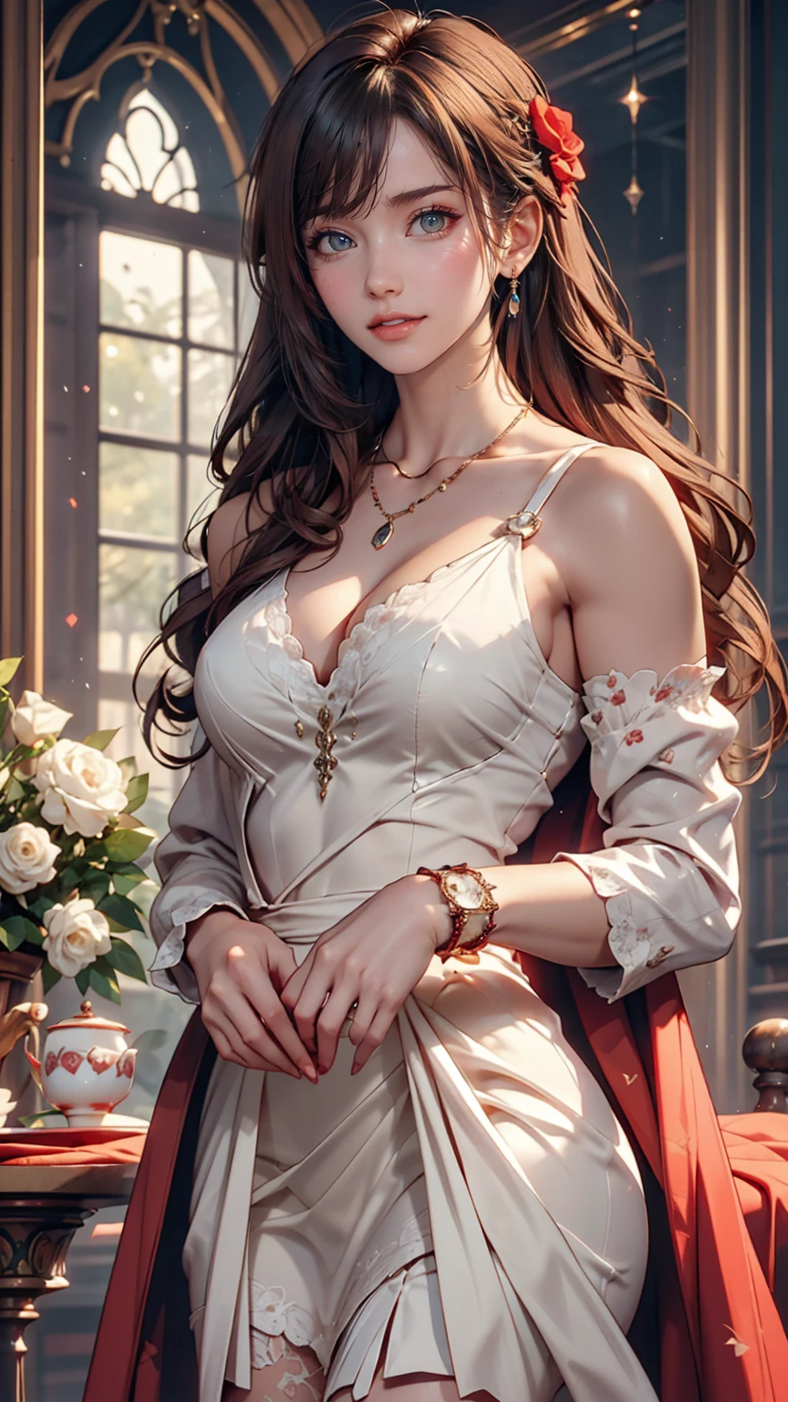 24 year old Caucasian female、Red hair、semi-long、Side Tail((side drill))、Crimson Tea-Length Dress((tea length dress))wear、Wear accessories on your wrist、Attach a necklace、Royal Dinner、Vibrant makeup、smile、holding champagne glass