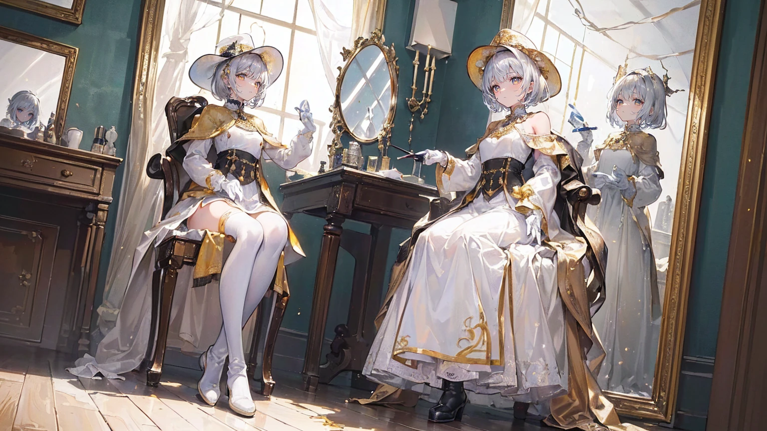 (Super detailed)),((illustration)),((masterpiece)),(((need))),((fine、Highest quality CG Unity 8K wallpapers,masterpiece),((4K,masterpiece,best quality)),Girl with short silver hair,hair strand,expressive hair,Golden pupils,flat chest,Silver sun hat,White gloves,Wearing a white coat,Black and gold western dress,Black and gold boots,A large tree with many branches,Branches laden with fruit,Look in the mirror,Touch the mirror with your hand,Different self in the mirror,Sit in a chair,Paint the mirror with a drawing board,Strange,Medieval Steam Style,gear,Full body picture