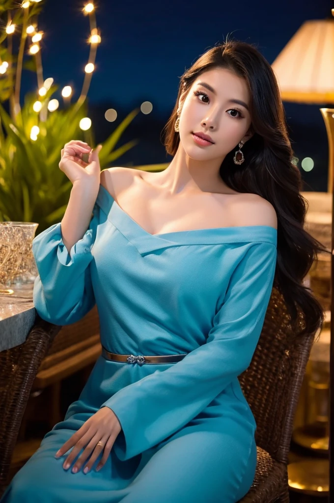 Full body high fashion, wavy long hair, floating hair by the wind, extreme artistic, intricate poses, Incredible photorealistic high resolution camera pics in the style of gardenia of a luxury scenic at patio in rooftop with Jakarta city scape view in the night and beautiful exterior decor night Life, realistic eyes, facial profile view, Head to toe, Full body, used high heels, used earrings, relaxed, at night Cinematic, ethereal, a young Asian who looks like
An idol, strong but elegant, sophisticated modeling beautiful blue clothes in the style of wealthy appearance, glamour lights, backlight, soft light, dim light, hair light, epic lighting, natural colors, glamourous atmosphere, romantic vibes