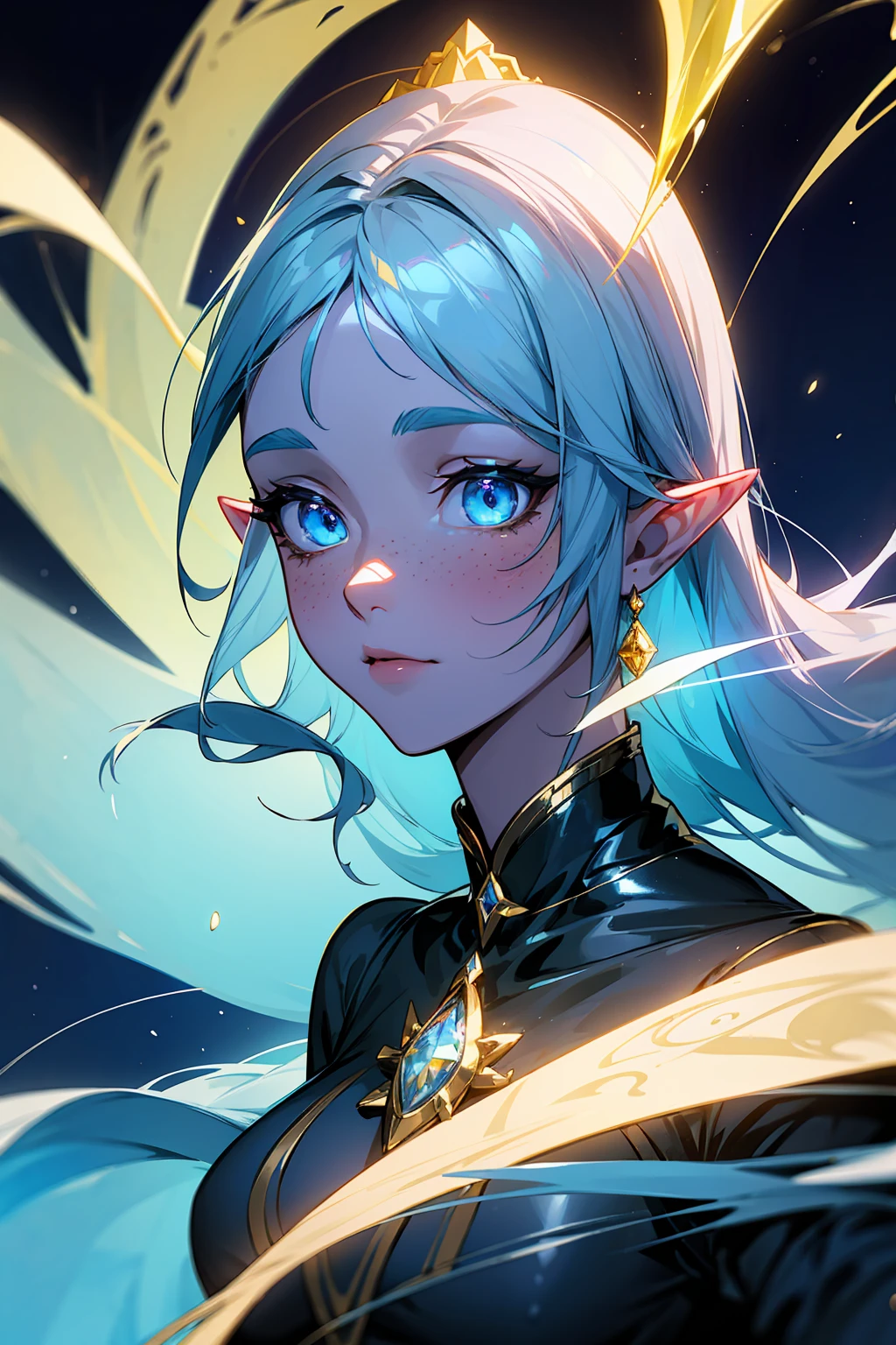 Create an ethereal, fantasy-themed portrait of a female elf with flowing, vibrant blue hair that glows with a soft luminescence. Her eyes are strikingly golden and have a mystical, otherworldly glow. She has a diamond-shaped blue gem embedded in the center of her forehead, adding to her magical appearance. Her skin is smooth and slightly luminescent, with shimmering blue freckles accentuating her cheeks. Her pointed ears are adorned with a slight, elegant curve, typical of elven features.
Her attire is a sleek, black and gold outfit with a high collar and intricate, shiny patterns, giving her a regal and powerful aura. The background should have a dark, starry night sky with swirling blue and gold cosmic elements, enhancing the mystical and celestial atmosphere. The overall mood of the portrait should be mysterious, enchanting, and otherworldly.