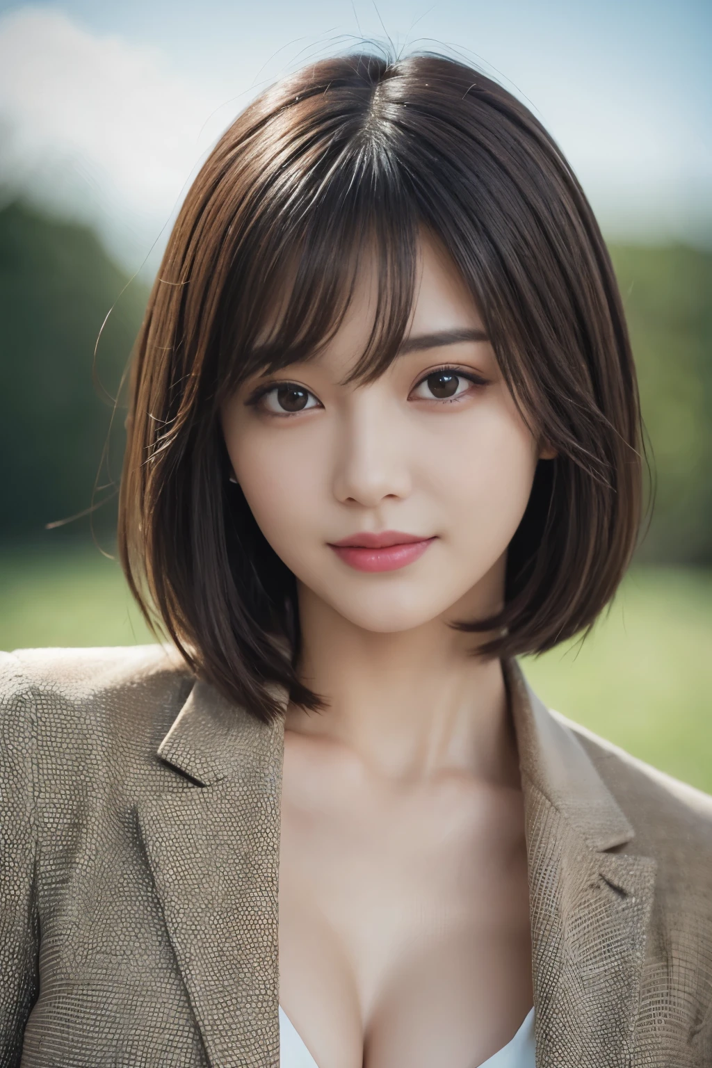 The best quality at its best, Realistically, Super detailed, More about pubic hair, High resolution, Plain background,8k wallpaper, One beautiful woman,,Light brown short hair, Wear a dark suit, Lock Focus, Perfect dynamic composition, Beautiful Eyes, Delicate hair, 细致Realistically的皮肤纹理, smile, Close-up portrait, Model Body Type