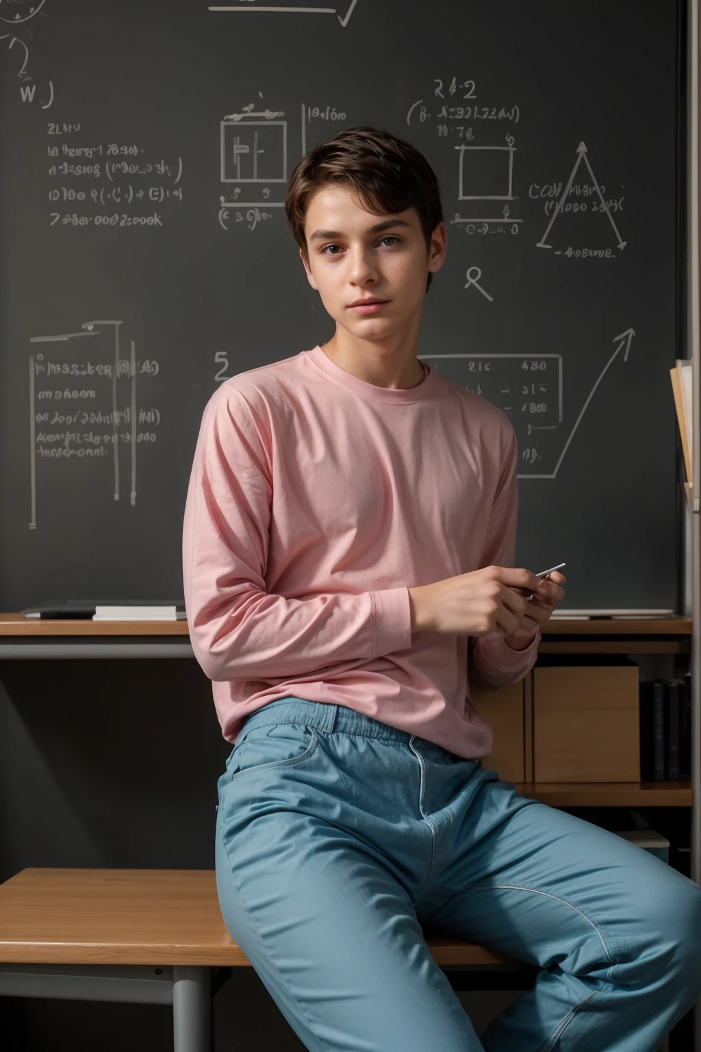 A young, cute, beautiful male twink with a face with makeup and black hair. He is wearing a long-sleeved, pink shirt and aqua blue pants. He is in his scientific office, sitting and writing in a scientific book. Behind him is a blackboard with calculus written on it. Neon waves emerge from the blackboard and on the desk.  The scientist is a medical model and he looks on proudly