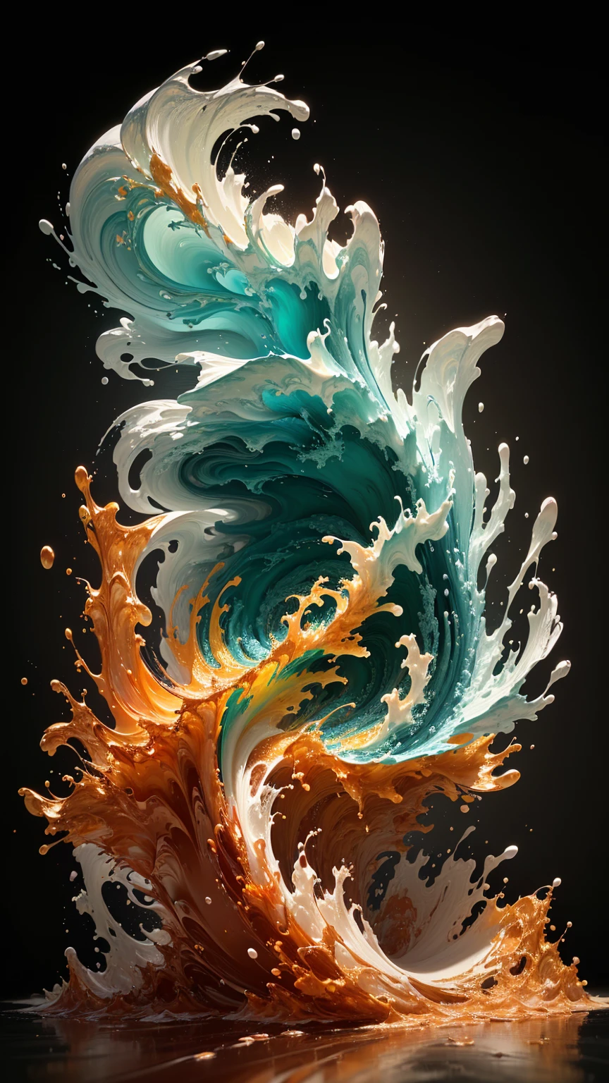 arafed image of a wave with orange and green splashes, 3d digital art 4k, abstract liquid, abstract 3d artwork, swirling liquids, 3d fluid simulation render, intricate flowing paint, digital artwork 4k, digital art 8k, digital art 8k, intricate artwork. octane render, swirling fluid, 4k highly detailed digital art