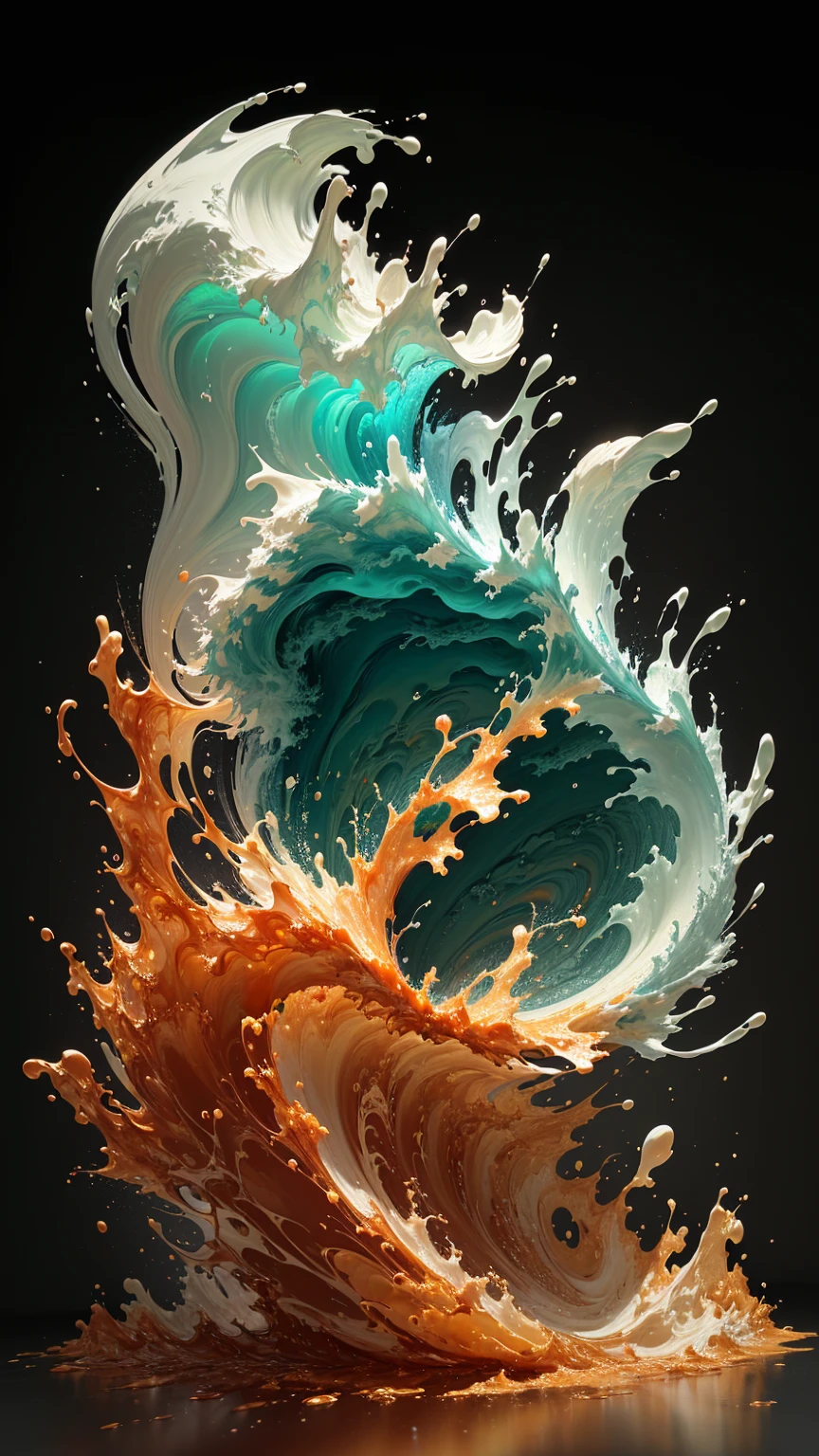 arafed image of a wave with orange and green splashes, 3d digital art 4k, abstract liquid, abstract 3d artwork, swirling liquids, 3d fluid simulation render, intricate flowing paint, digital artwork 4k, digital art 8k, digital art 8k, intricate artwork. octane render, swirling fluid, 4k highly detailed digital art