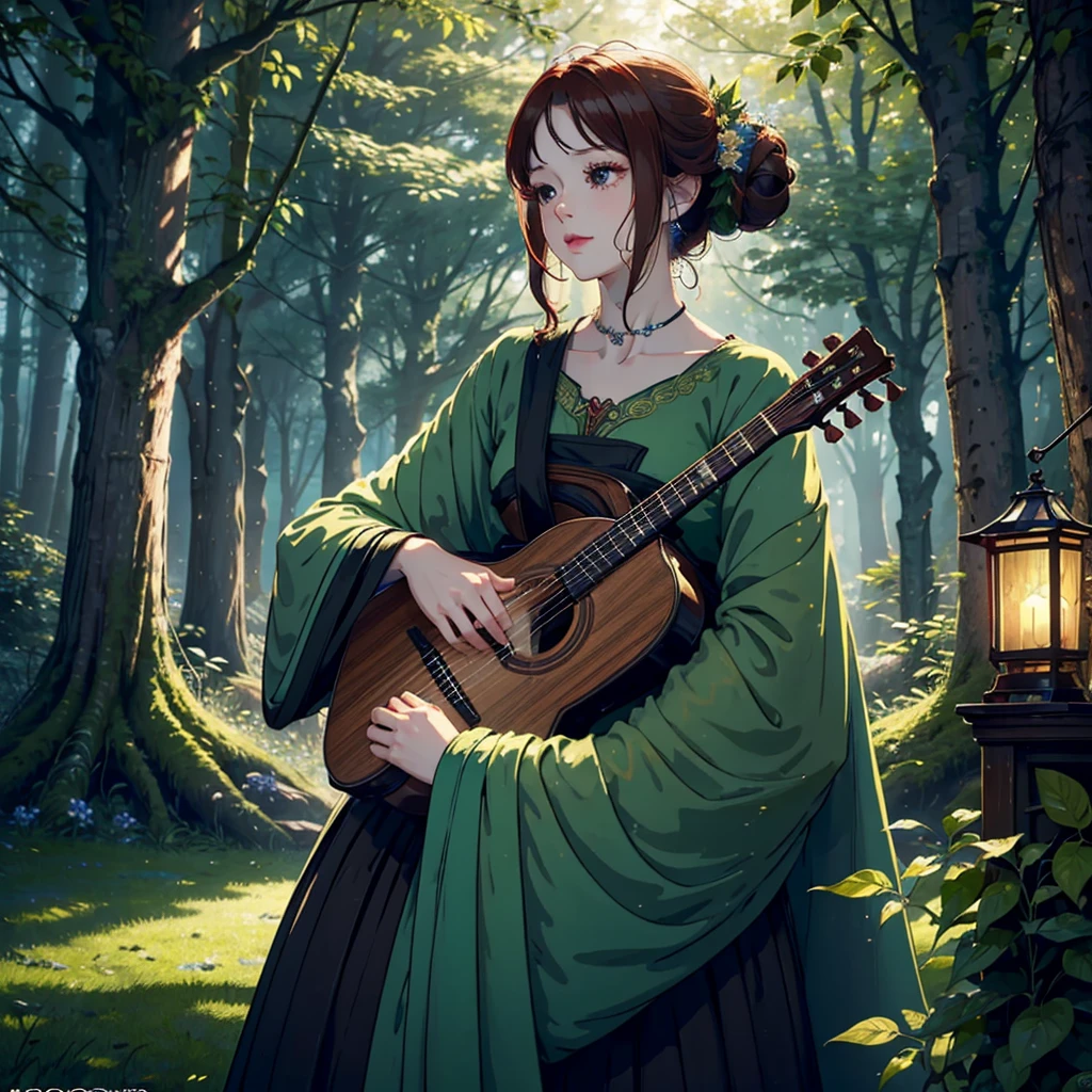 A breathtaking ultra-realistic 16K resolution image depicting an enchanting forest festival. The scene is set in an ancient woodland with towering, moss-covered trees that form a natural cathedral of greenery. Strings of glowing lanterns and fairy lights hang from the branches, illuminating the scene with a warm, magical glow. In the center, a majestic, intricately carved wooden stage hosts musicians playing traditional instruments. The crowd, dressed in vibrant, fantasy-inspired costumes, dances and celebrates. A beautiful woman with flowing auburn hair adorned with flowers, wearing an elegant, emerald green gown with gold embroidery, stands in the foreground, her expression joyful and captivating. Nearby, children chase luminescent butterflies and playful forest creatures. The atmosphere is ethereal and filled with a sense of wonder and timelessness, painted with vivid, cinematic colors and sharp focus, reminiscent of a scene from a fantasy novel. The lighting should highlight the natural beauty and mystical elements, creating an unforgettable visual experience.