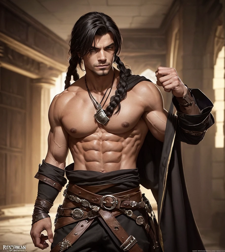 (((Solo character image.))) (((Generate a single character image.))) (((Dressed in medieval fantasy attire.))) (((Very sexy facial expression.))) Sexy male fantasy character. Physique like a male warrior. Generate an exciting yet sinister male fantasy adventurer for a dark and eerie fantasy setting. He has black hair in braids and has a sinister attire and looks like an exciting villain for a fantasy setting. Swashbuckler fashion. Great abs. Great male physique. This character is human, very dangerous and looks full of mischief. He appears about 20 years old. Ideal physique. Realistic image. Looks like a male version of actress Payton Preslee. He has a legendary beauty that makes him memorable and a pleasure to look at. Dresses like a male gypsy. Romani.