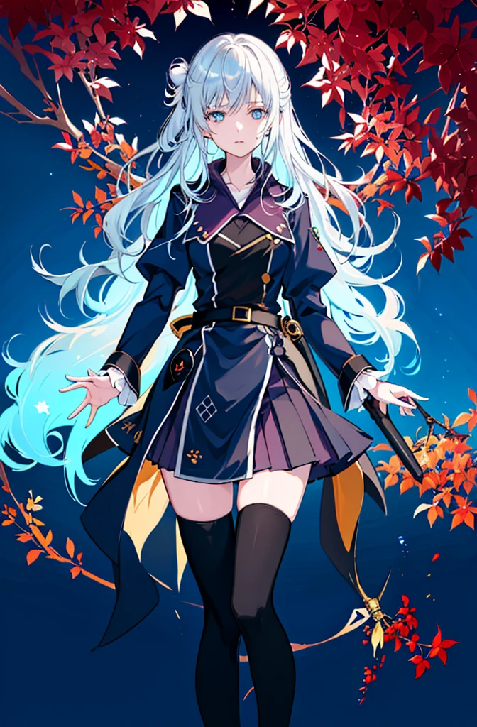 1girl,  solo, outdoors, long hair, holy place, Original,(Illustration:1.1),(Best Quality),(masutepiece:1.1),(the Extremely Detailed CG Unity 8K Wallpapers:1.1), (Colorful:0.9),(mid-shot:0.95),(extremely detailed beautiful face),(Solo:1.2), (girl),(((Lori))), (Detailed beautiful eyes:1.15), (Beautiful face:1.15), (Glowing blue eyes:1.25////),(((sky blue Long Hair))),(two side up),(+perfect hand+:1.21),(Draw illustration of Japan priestess costume),(slender),(White pleated skirt),(Gothic),((black thighhighs)),(frilld),(Beautiful Slender Lolita Girl),hallowween,standing, girl,10 years old,  girl,foggy place,vampire,sky blue hair,full body,whole body,