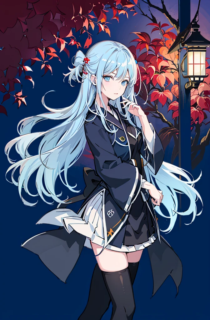 1girl, solo, outdoors, long hair, holy place, Original,(Illustration:1.1),(Best Quality),(masutepiece:1.1),(the Extremely Detailed CG Unity 8K Wallpapers:1.1), (Colorful:0.9),(mid-shot:0.95),(extremely detailed beautiful face),(Solo:1.2), (girl),(((Lori))), (Detailed beautiful eyes:1.15), (Beautiful face:1.15), (Glowing blue eyes:1.25////),(((sky blue Long Hair))),(two side up),(+perfect hand+:1.21),(Draw illustration of Japan priestess costume),(slender),(White pleated skirt),(Gothic),((black thighhighs)),(frilld),(Beautiful Slender Lolita Girl),hallowween,standing, girl,, girl,foggy place,vampire,sky blue hair,full body,whole body,