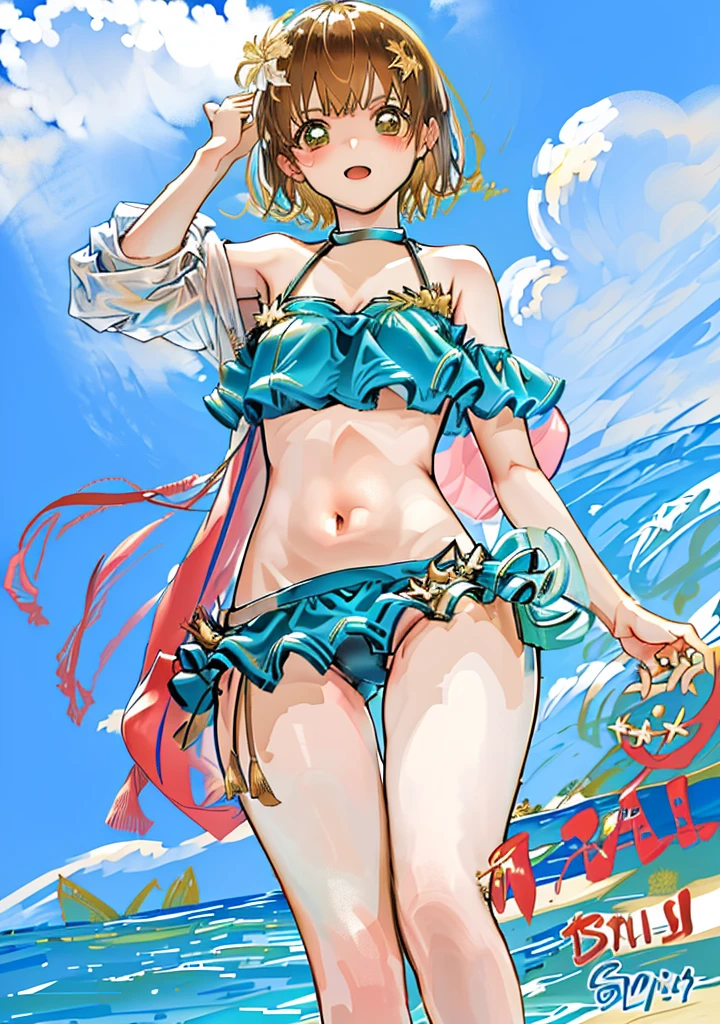 Chestnut Hair、short hair、Cute Bikini、Cute Swimsuit、Beachside、Ocean、Moist、looks fun