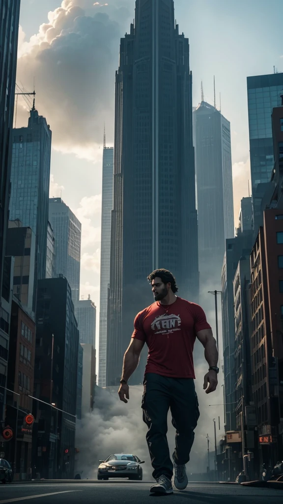 "A towering giant in a cool, laid-back hippie style is wearing a red t-shirt and baggy pants. His toned, athletic build hints at his enormous strength. He appears to be casually strolling through the busy cityscape of GTS City, while imposing buildings tower overhead Smoke and clouds billow around her, adding to the sense of epic scale and drama. The lighting is dark, shadowy, and realistic, creating a tense and ominous atmosphere. ."