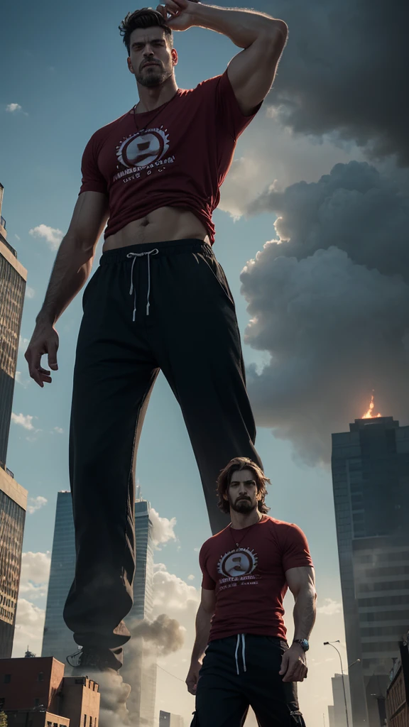 "A towering giant in a cool, laid-back hippie style is wearing a red t-shirt and baggy pants. His toned, athletic build hints at his enormous strength. He appears to be casually strolling through the busy cityscape of GTS City, while imposing buildings tower overhead Smoke and clouds billow around her, adding to the sense of epic scale and drama. The lighting is dark, shadowy, and realistic, creating a tense and ominous atmosphere. ."