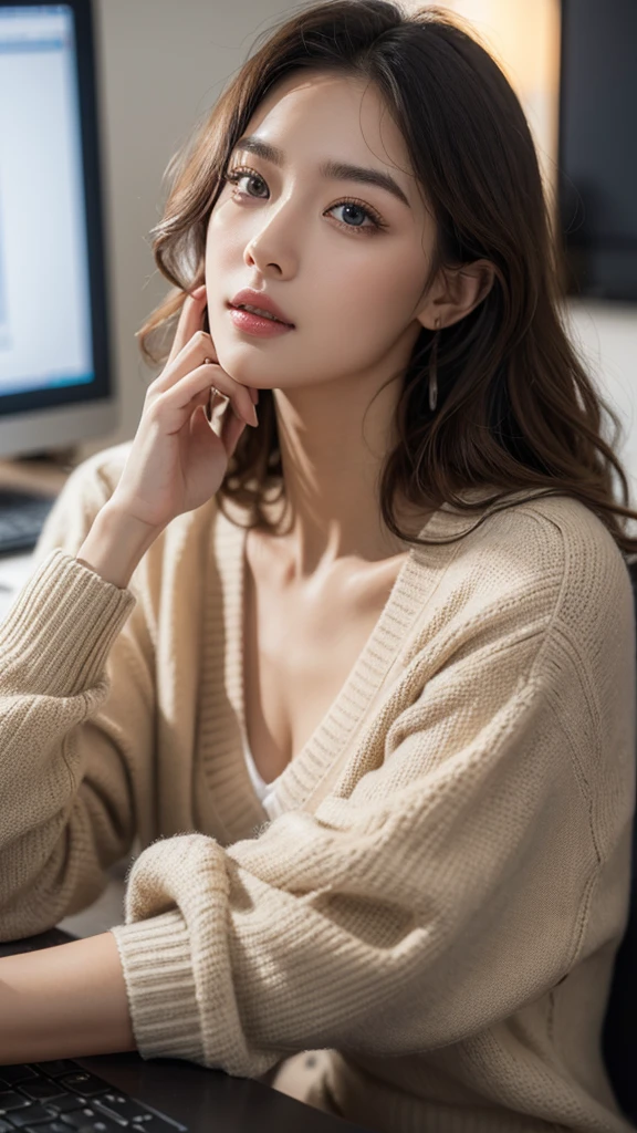 beautiful eyes, beautiful lips, displeased, longeyelashes,(slender),(( curly hair)),looking away,Cardigan,displeased, office lady, professional business attire, office setting, desk, computer,, (highres,masterpiece:1),detailed,(realistic,photorealistic,photo-realistic:1),HDR,UHD,studio lighting,ultra-fine painting,sharp focus,physically-based rendering,extreme detail description,professional,vivid colors,bokeh,intricate details,highly realistic,photorealistic portrait