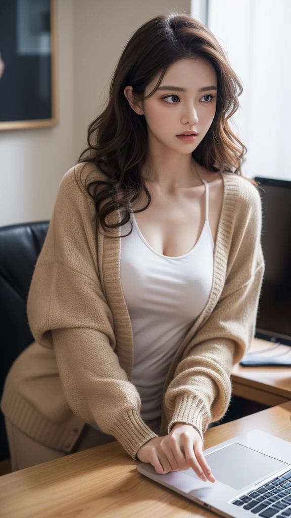 beautiful eyes, beautiful lips, displeased, longeyelashes,(slender),(( curly hair)),looking away,Cardigan,displeased, office lady, professional business attire, office setting, desk, computer,, (highres,masterpiece:1),detailed,(realistic,photorealistic,photo-realistic:1),HDR,UHD,studio lighting,ultra-fine painting,sharp focus,physically-based rendering,extreme detail description,professional,vivid colors,bokeh,intricate details,highly realistic,photorealistic portrait