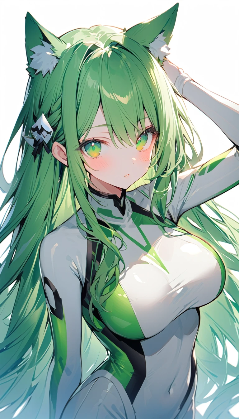 a female character in a green and white costume standing with her arm raised, 1girl, green hair, white hair, green eyes, solo, breasts, animal ears, long hair, large breasts, covered navel, white background, multicolored hair, looking at viewer, bodysuit, animal ear fluff, very long hair, hair ornament