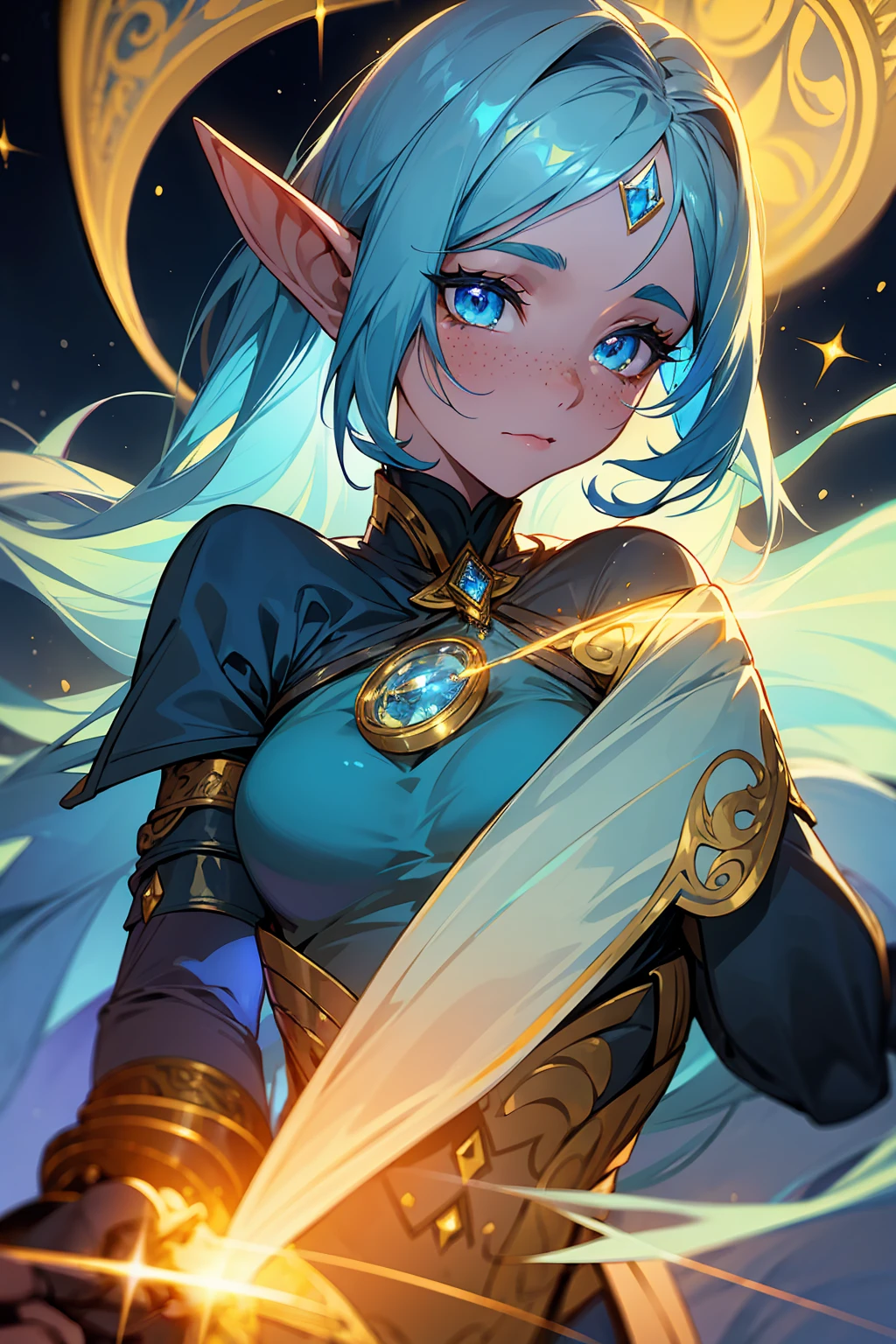 Create an ethereal, fantasy-themed portrait of a female elf with flowing, vibrant blue hair that glows with a soft luminescence. Her eyes are strikingly golden and have a mystical, otherworldly glow. She has a diamond-shaped blue gem embedded in the center of her forehead, adding to her magical appearance. Her skin is smooth and slightly luminescent, with shimmering blue freckles accentuating her cheeks. Her pointed ears are adorned with a slight, elegant curve, typical of elven features.
Her attire is a sleek, black and gold outfit with a high collar and intricate, shiny patterns, giving her a regal and powerful aura. The background should have a dark, starry night sky with swirling blue and gold cosmic elements, enhancing the mystical and celestial atmosphere. The overall mood of the portrait should be mysterious, enchanting, and otherworldly.
