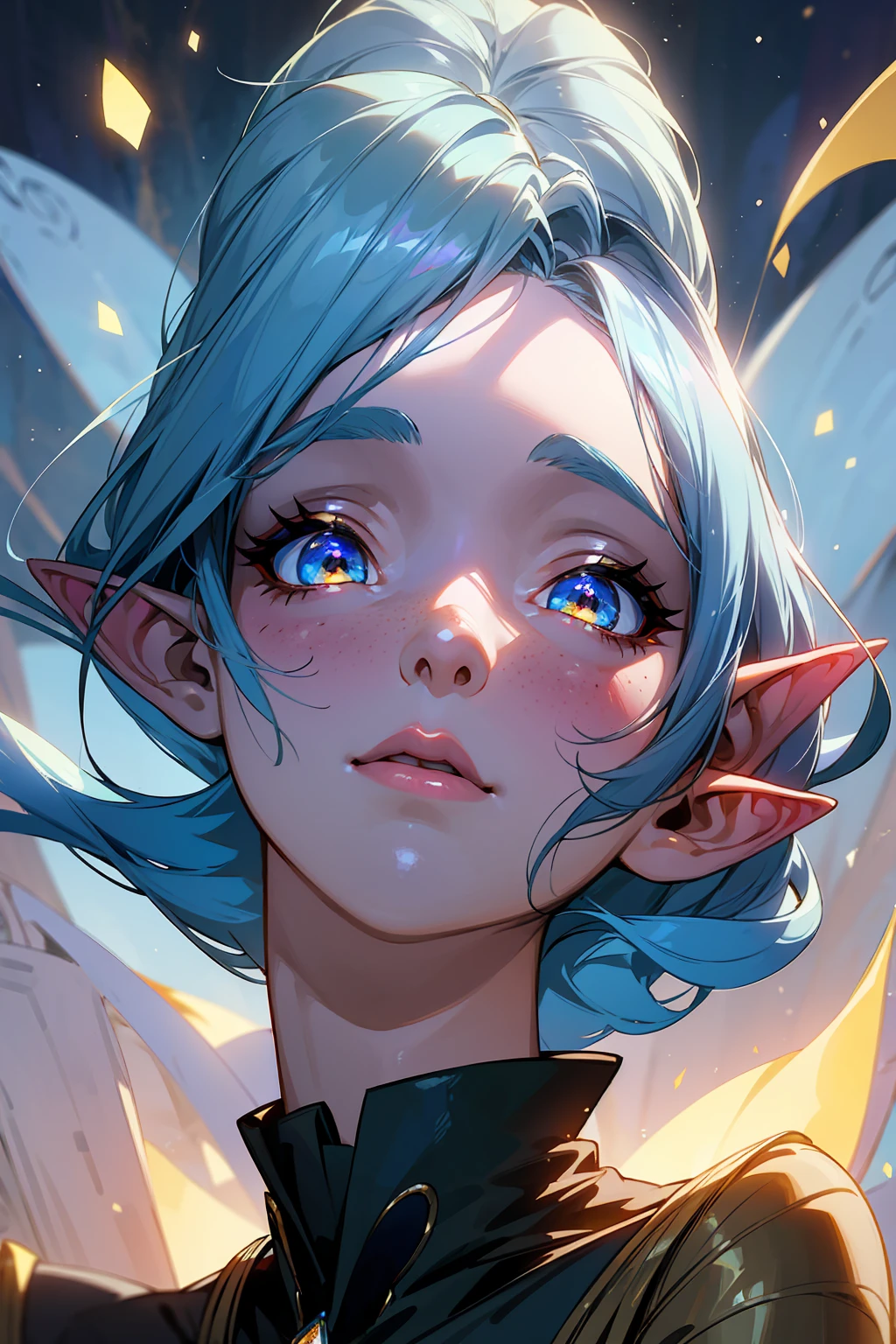 Create an ethereal, fantasy-themed portrait of a female elf with flowing, vibrant blue hair that glows with a soft luminescence. Her eyes are strikingly golden and have a mystical, otherworldly glow. She has a diamond-shaped blue gem embedded in the center of her forehead, adding to her magical appearance. Her skin is smooth and slightly luminescent, with shimmering blue freckles accentuating her cheeks. Her pointed ears are adorned with a slight, elegant curve, typical of elven features.

Her attire is a sleek, black and gold outfit with a high collar and intricate, shiny patterns, giving her a regal and powerful aura. The background should have a dark, starry night sky with swirling blue and gold cosmic elements, enhancing the mystical and celestial atmosphere. The overall mood of the portrait should be mysterious, enchanting, and otherworldly.


